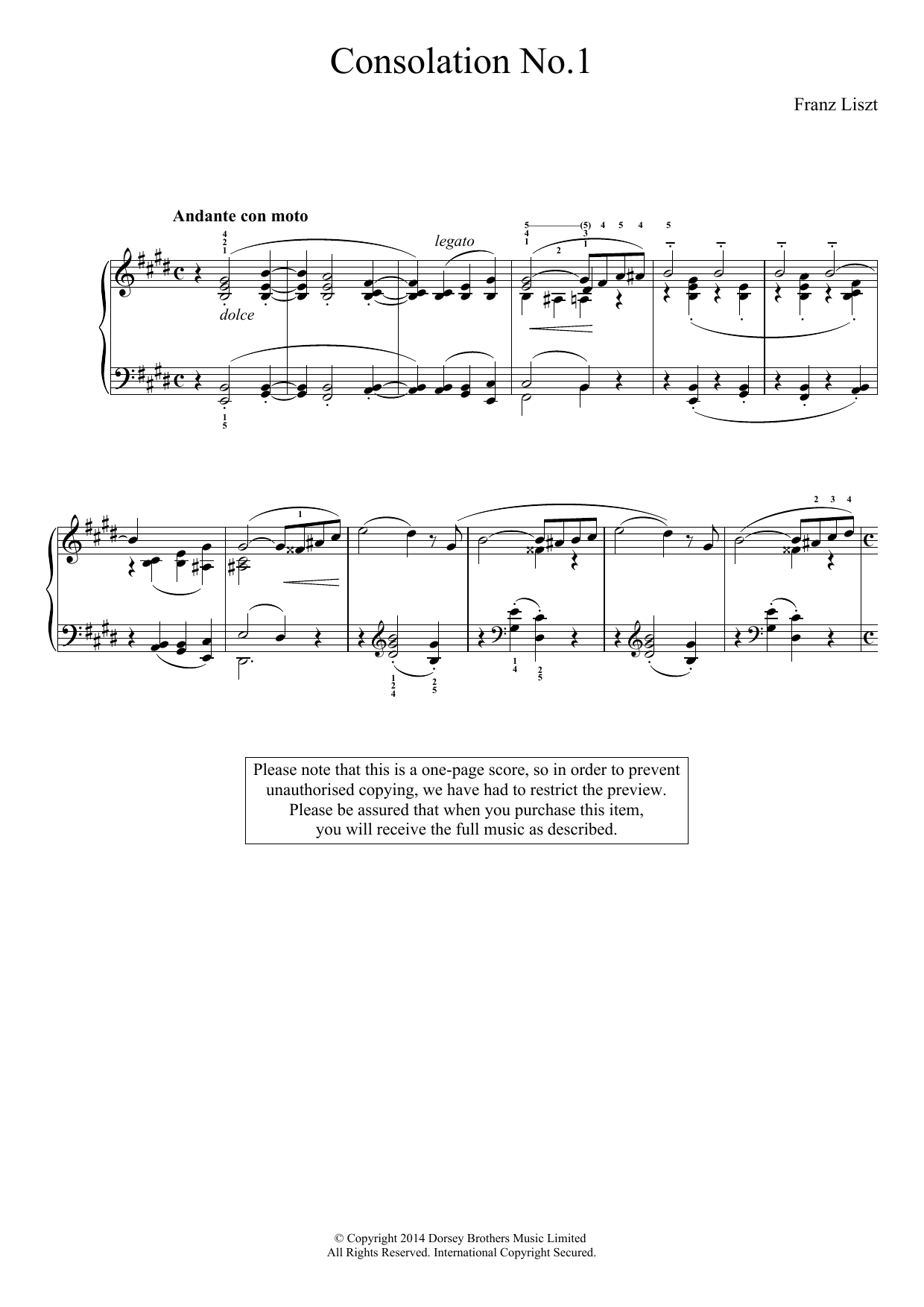 Franz Liszt Consolation No.1 Sheet Music Notes & Chords for Piano - Download or Print PDF