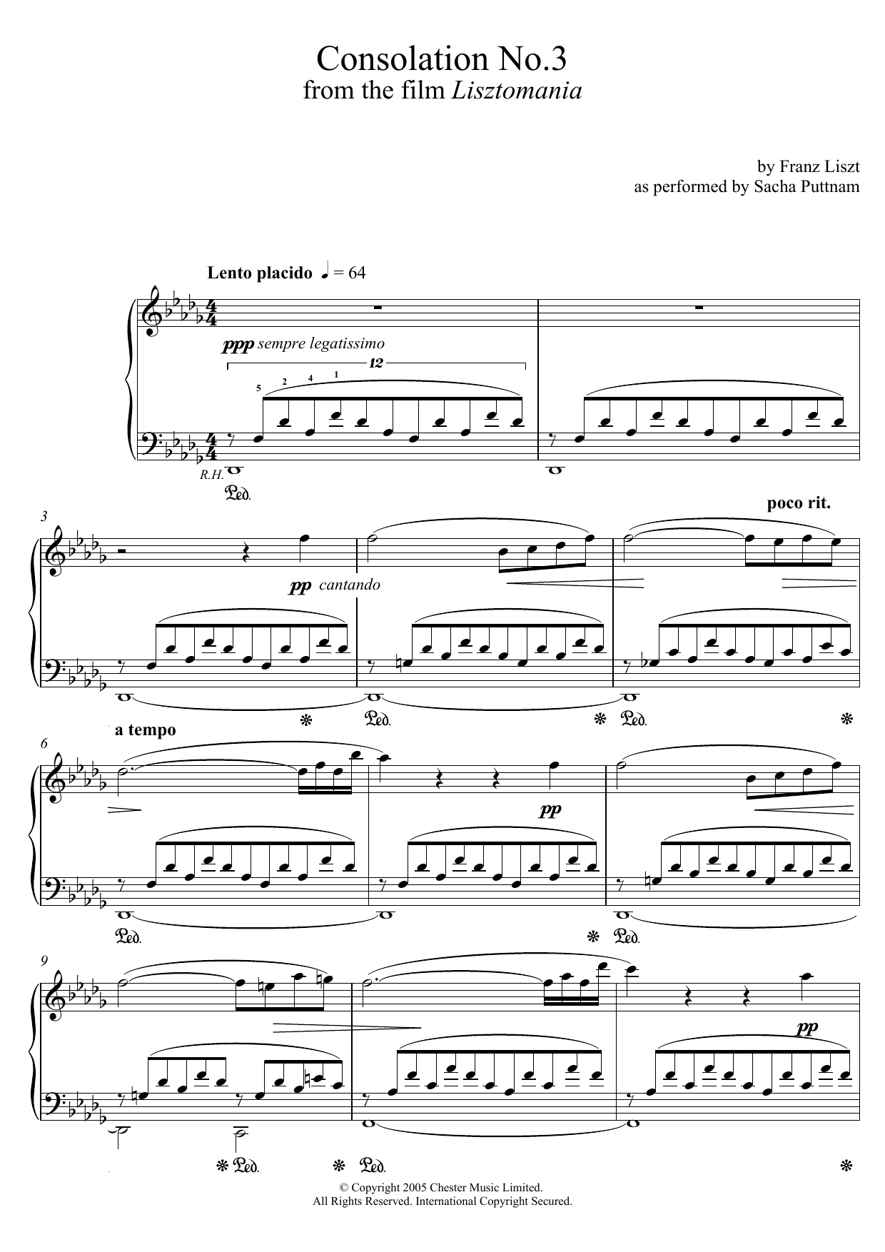 Franz Liszt Consolation No.3 In D Flat (as performed by Sacha Puttnam) Sheet Music Notes & Chords for Piano - Download or Print PDF
