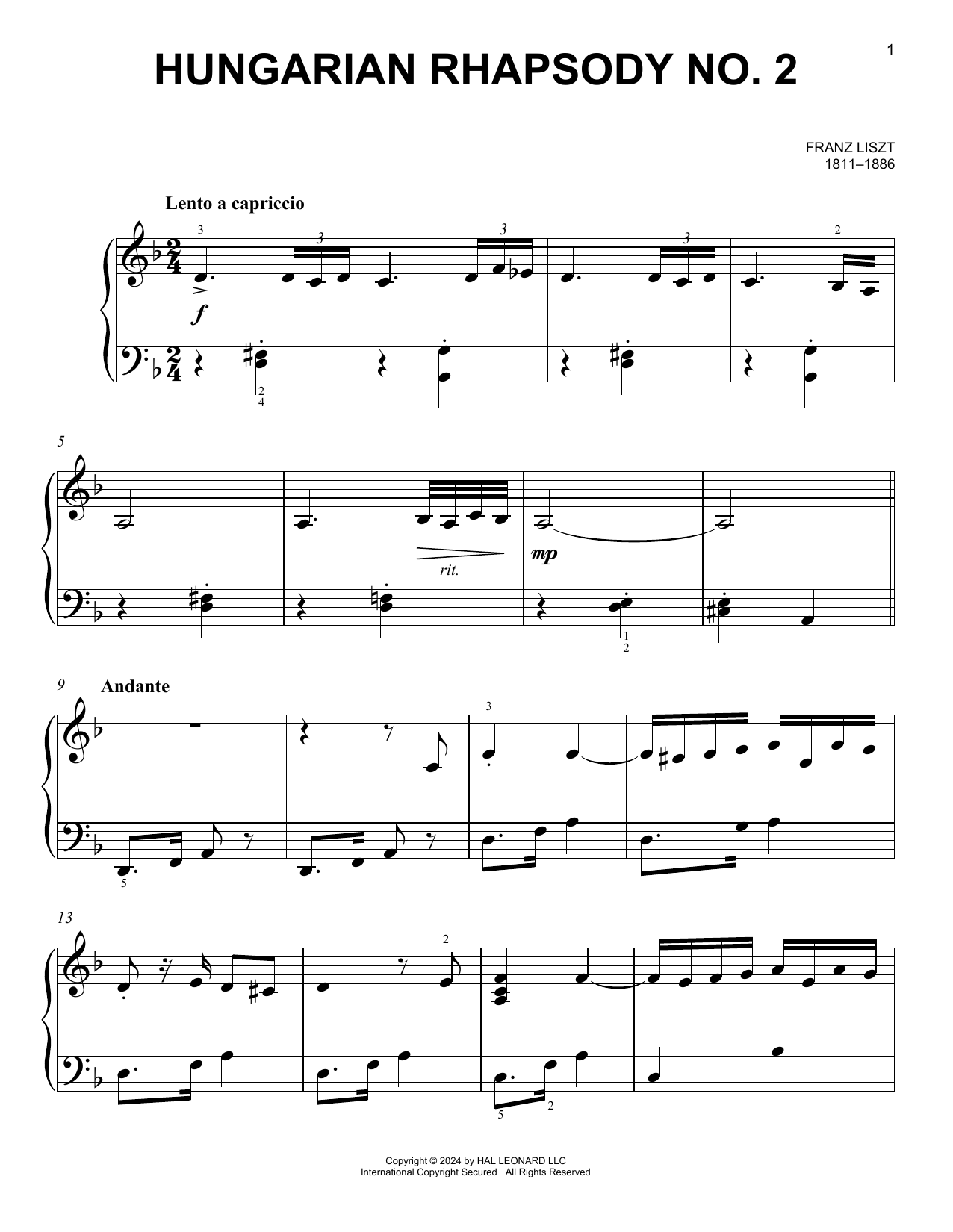 Franz Liszt Hungarian Rhapsody No. 2 Sheet Music Notes & Chords for Easy Piano - Download or Print PDF