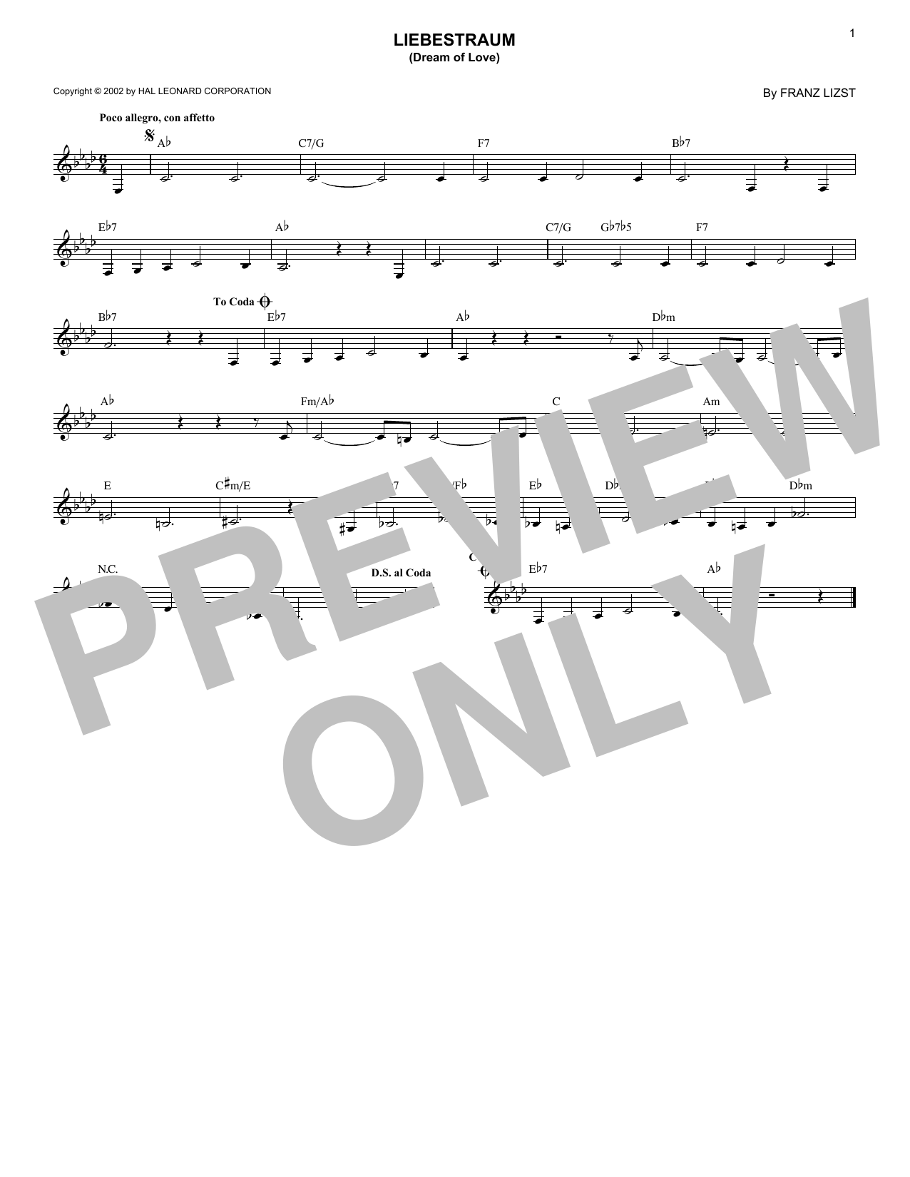 Franz Liszt Liebestraum No. 3 (Dream Of Love) Sheet Music Notes & Chords for Lead Sheet / Fake Book - Download or Print PDF