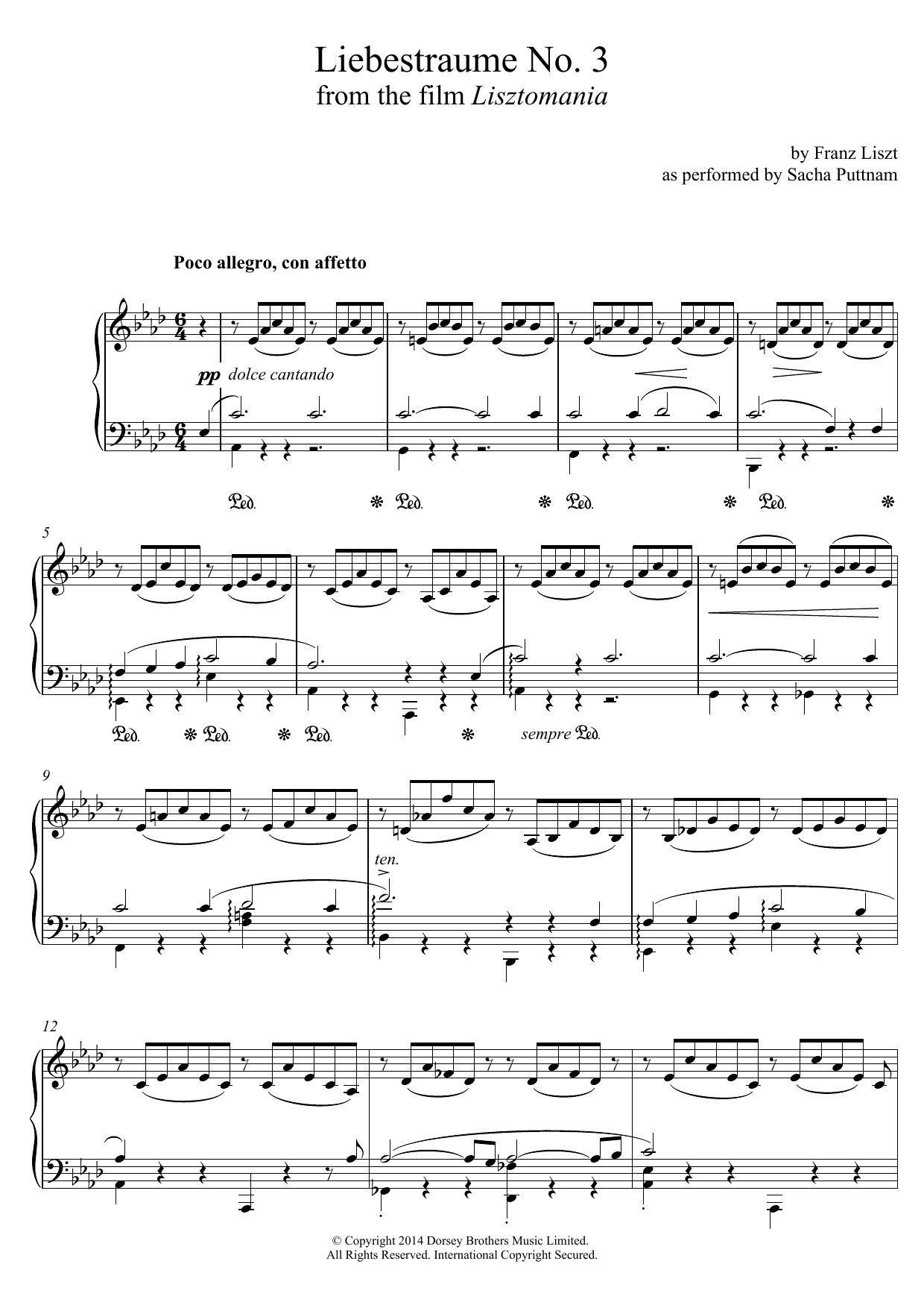 Franz Liszt Liebestraume: Notturno No.3 In A Flat: O Lieb, So Lang Du Lieben... (as performed by Sacha Puttnam) Sheet Music Notes & Chords for Piano - Download or Print PDF