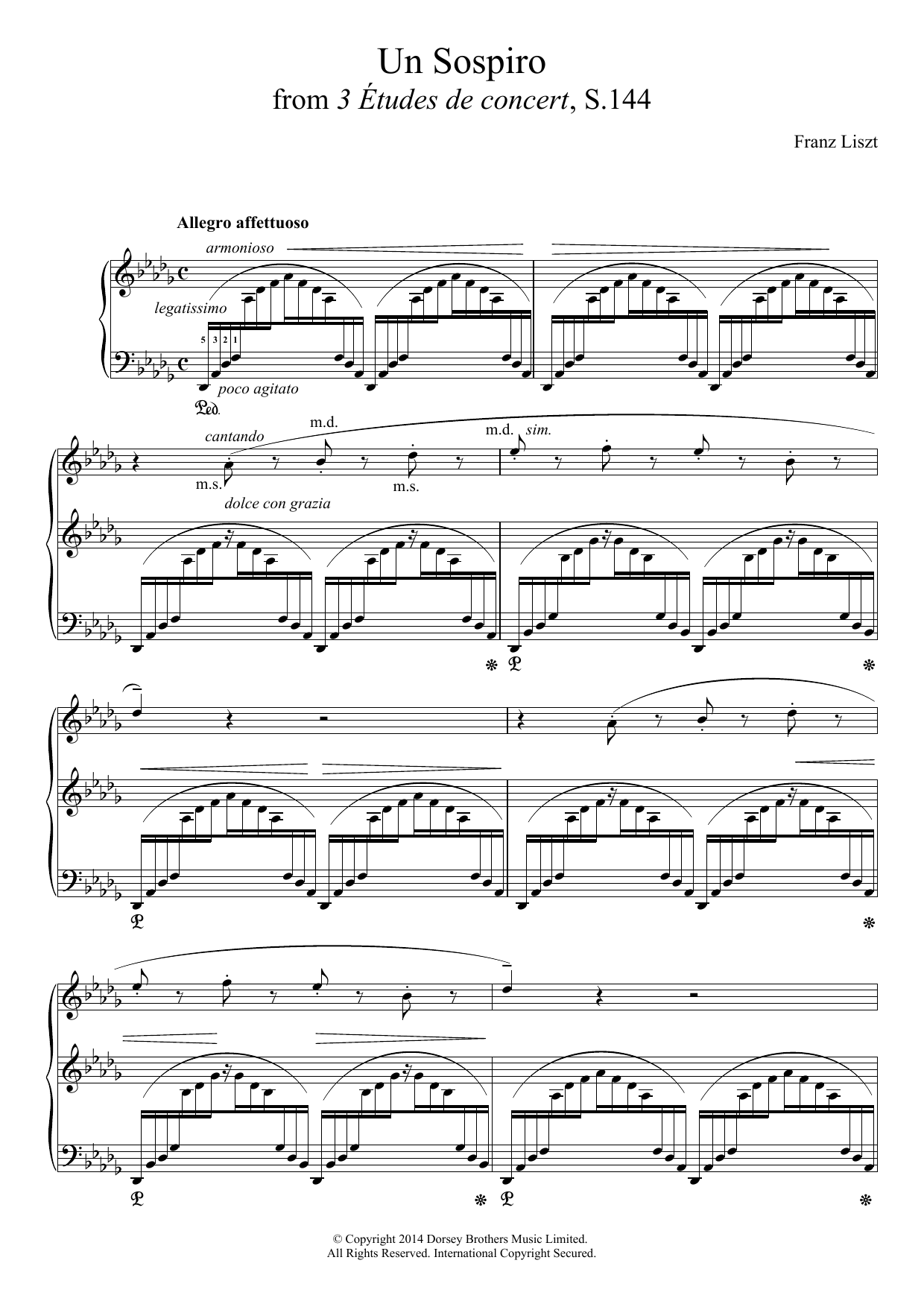 Franz Liszt Un Sospiro, For Piano In D Flat Major (grande ??tudes De Concert No. 3) Sheet Music Notes & Chords for Piano - Download or Print PDF