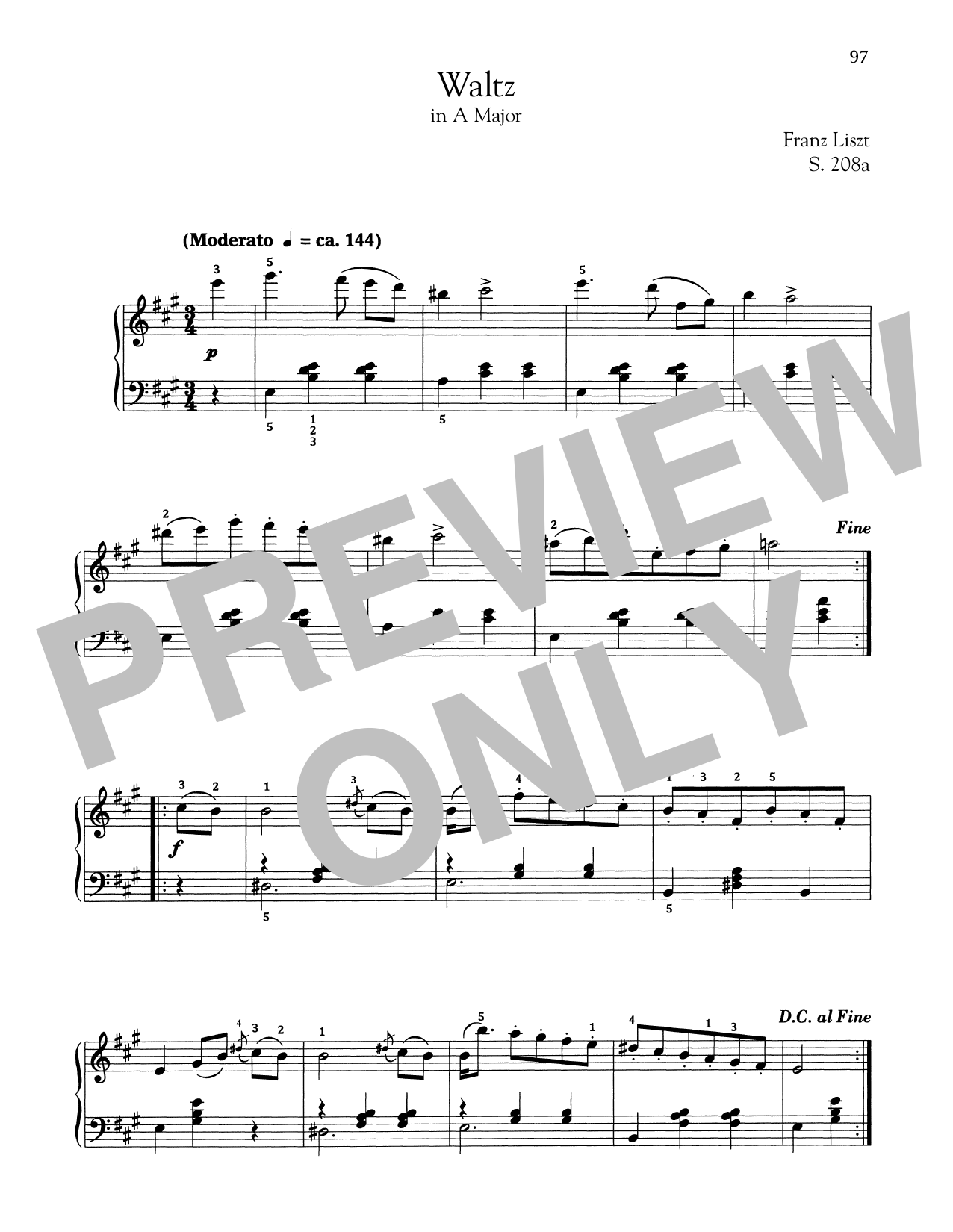 Franz Liszt Waltz In A Major, S. 208a Sheet Music Notes & Chords for Piano - Download or Print PDF