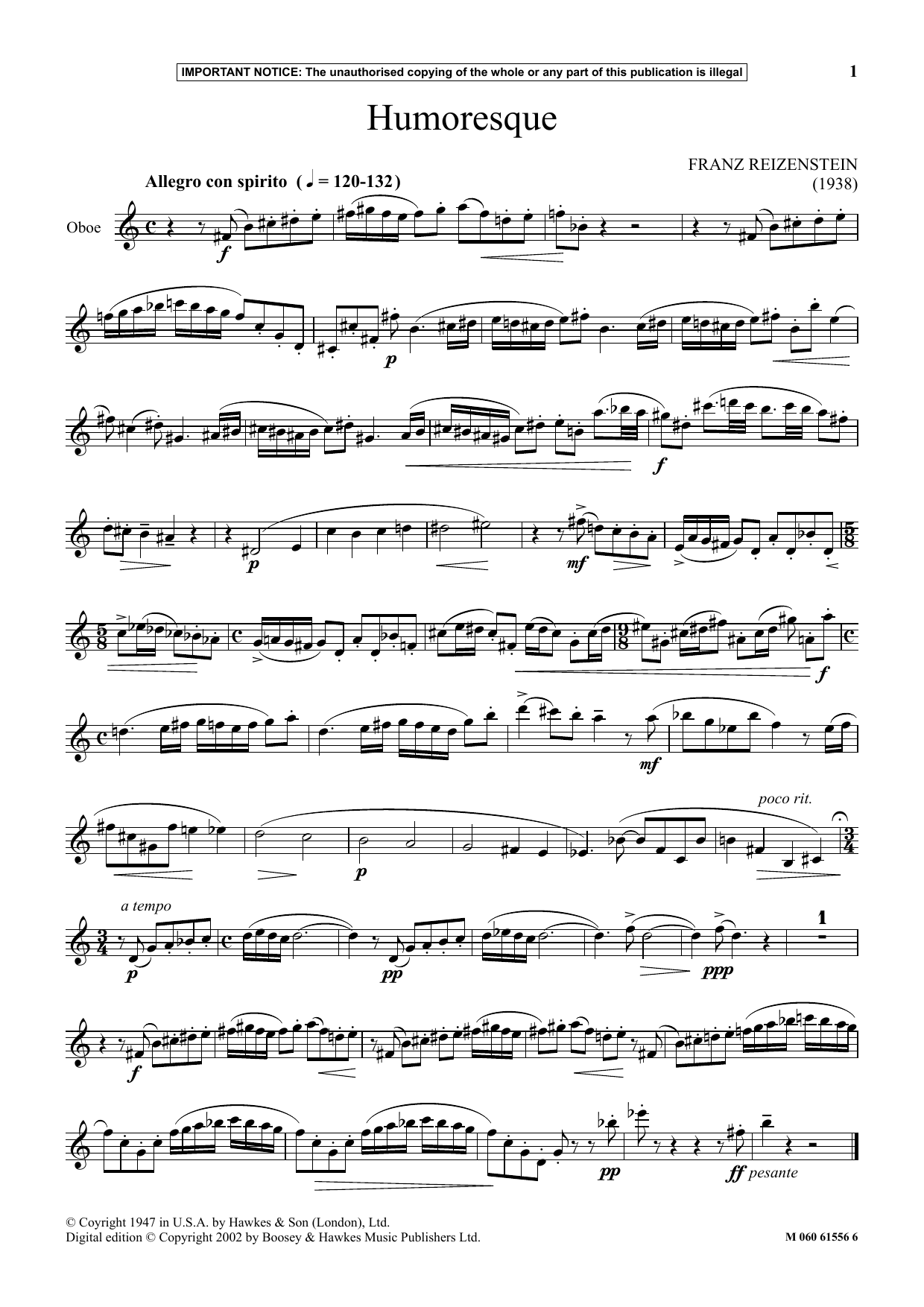 Franz Reizenstein Humoresque Sheet Music Notes & Chords for Instrumental Solo - Download or Print PDF