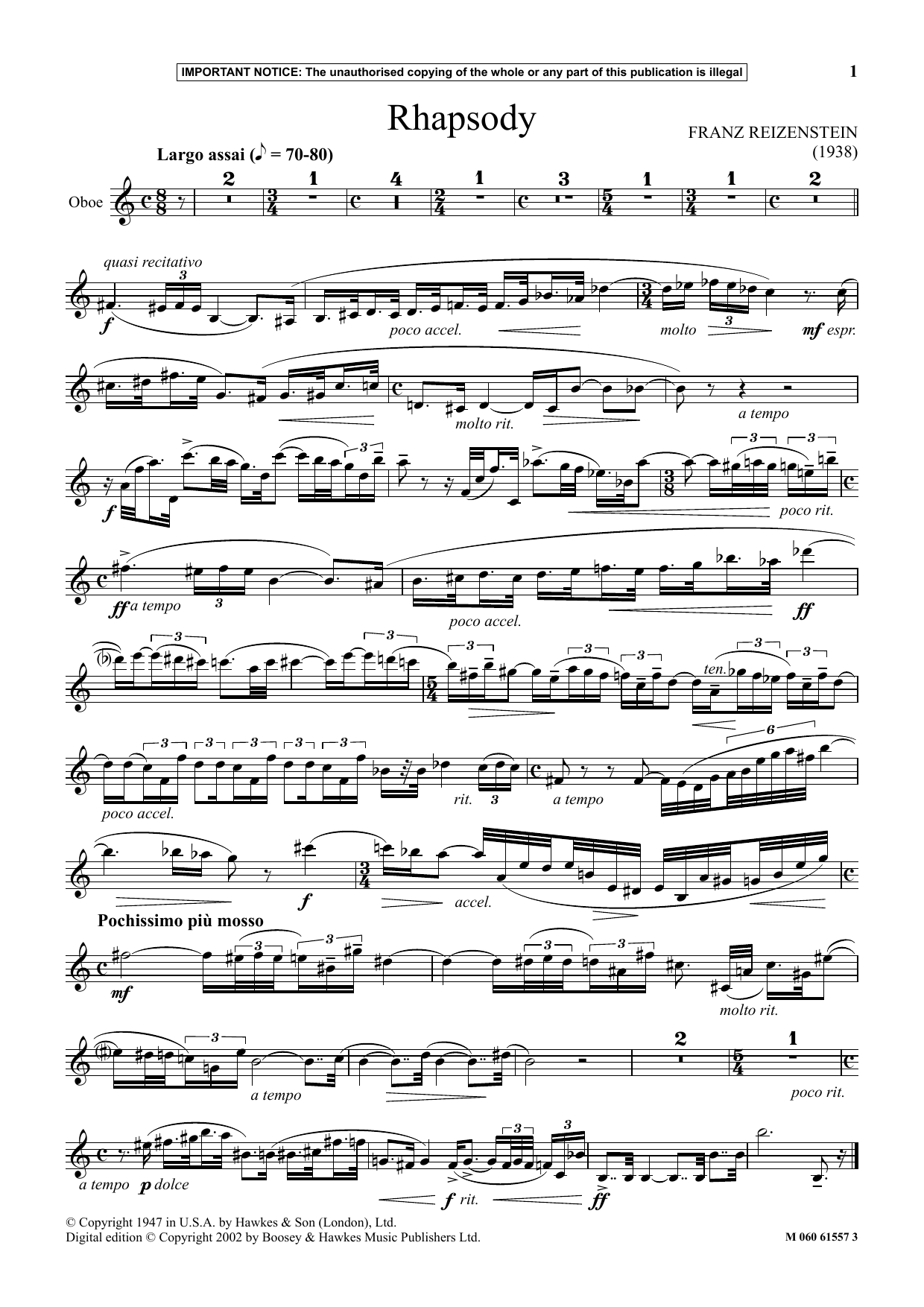 Franz Reizenstein Rhapsody Sheet Music Notes & Chords for Instrumental Solo - Download or Print PDF