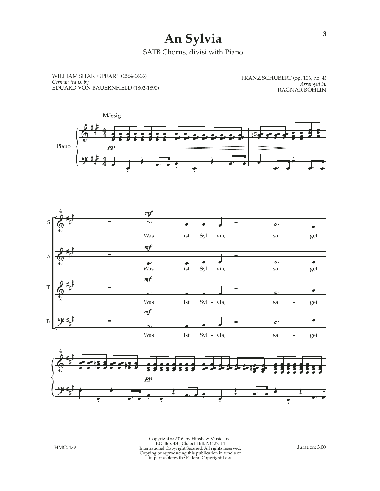 Franz Schubert An Sylvia (op. 106, No. 4) (arr. Ragnar Bohlin) Sheet Music Notes & Chords for SATB Choir - Download or Print PDF