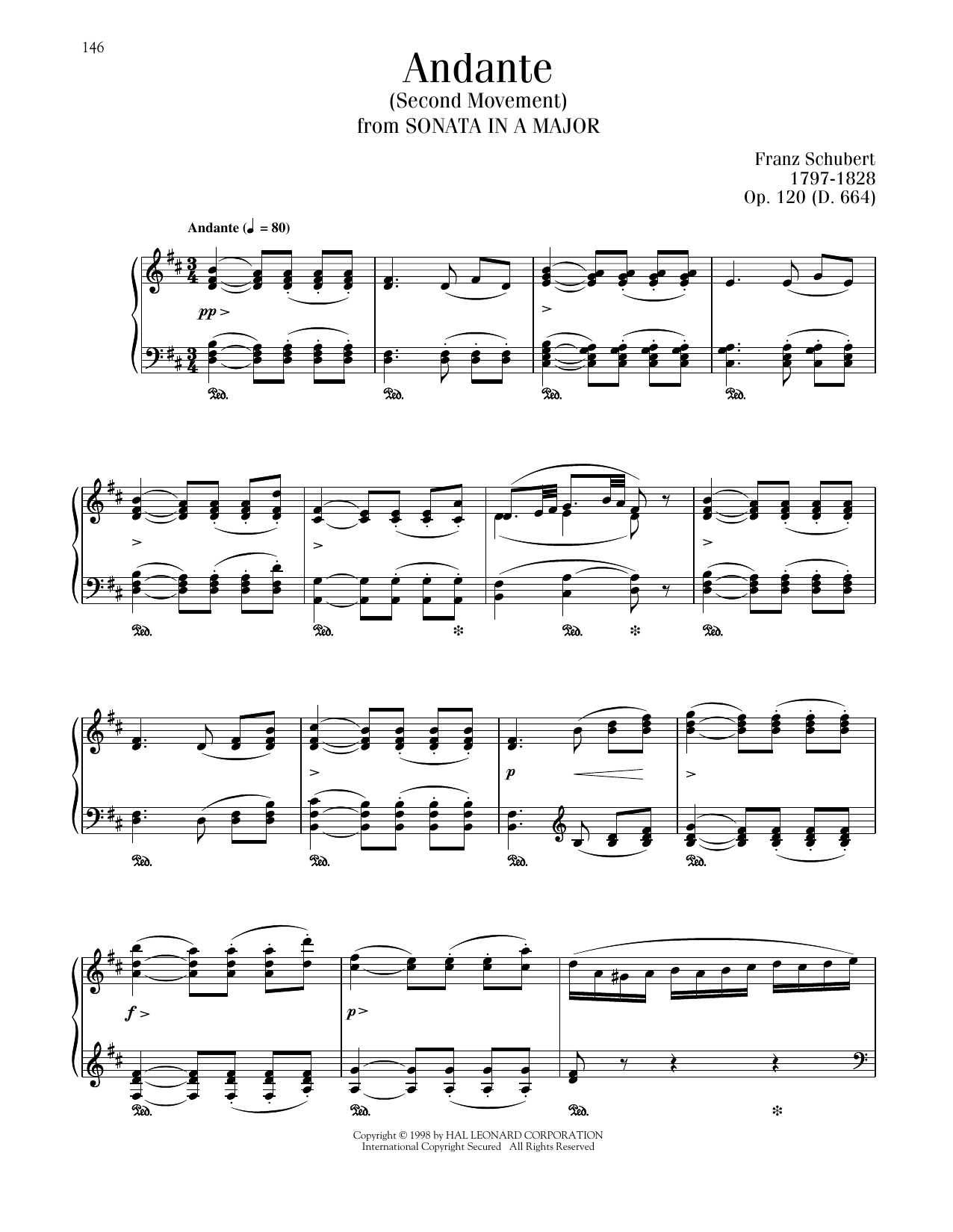 Franz Schubert Andante, Op. 120, D. 664, Second Movement Sheet Music Notes & Chords for Piano Solo - Download or Print PDF