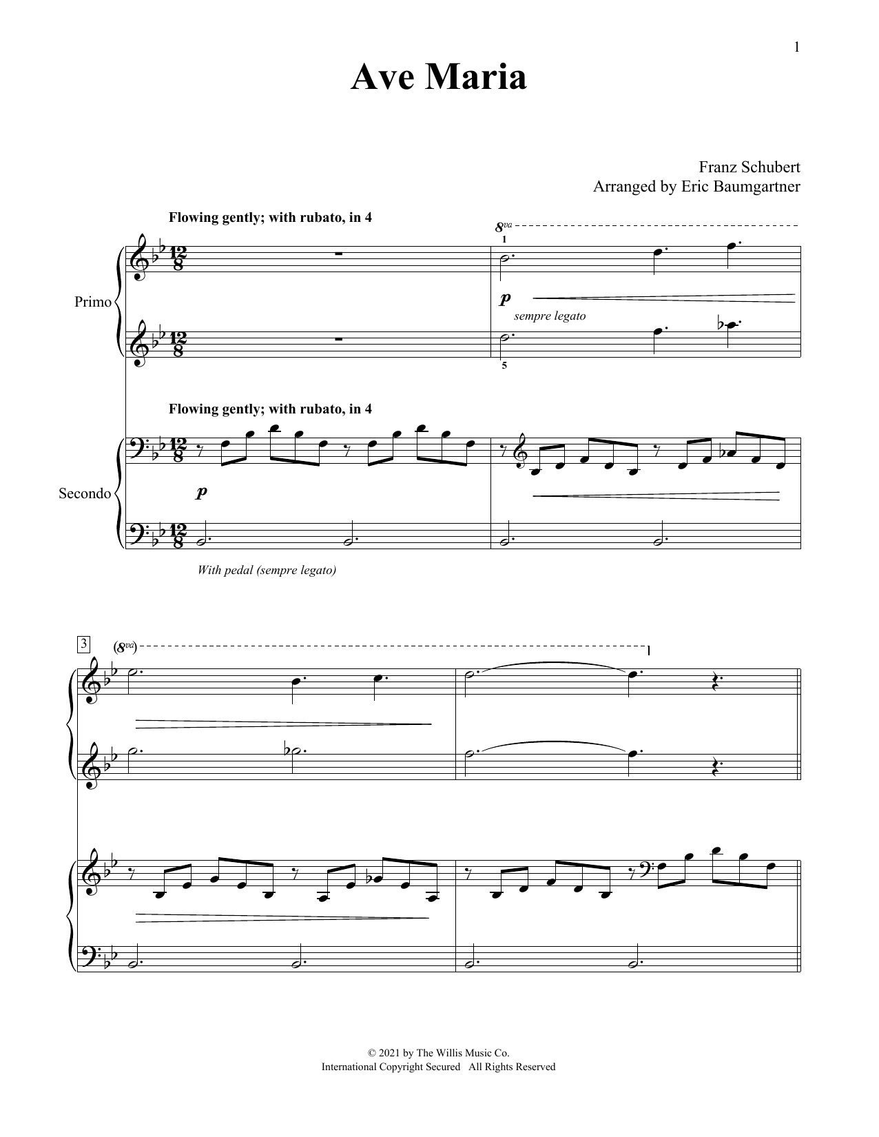 Franz Schubert Ave Maria (arr. Eric Baumgartner) Sheet Music Notes & Chords for Piano Duet - Download or Print PDF