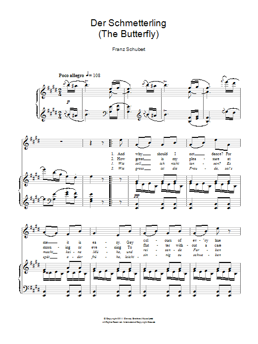 Franz Schubert Der Schmetterling (The Butterfly) Sheet Music Notes & Chords for Piano & Vocal - Download or Print PDF