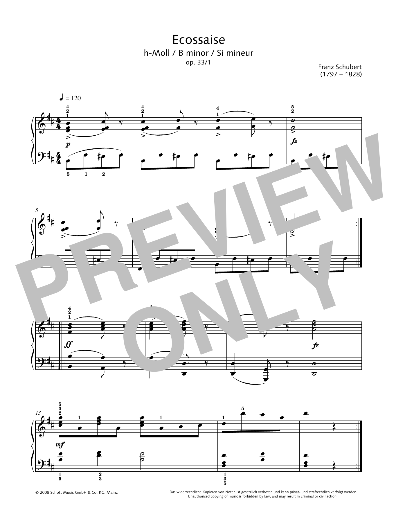 Franz Schubert Ecossaise in B minor Sheet Music Notes & Chords for Piano Solo - Download or Print PDF