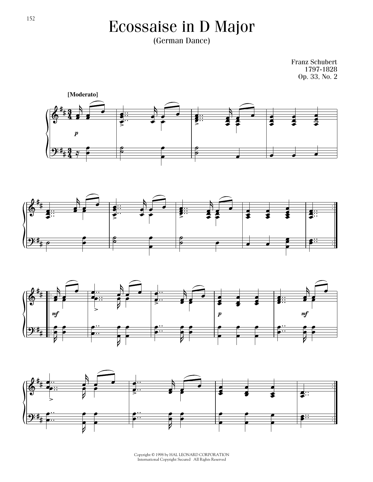 Franz Schubert Ecossaise in D Major, Op. 33, No. 2 (German Dance) Sheet Music Notes & Chords for Piano Solo - Download or Print PDF