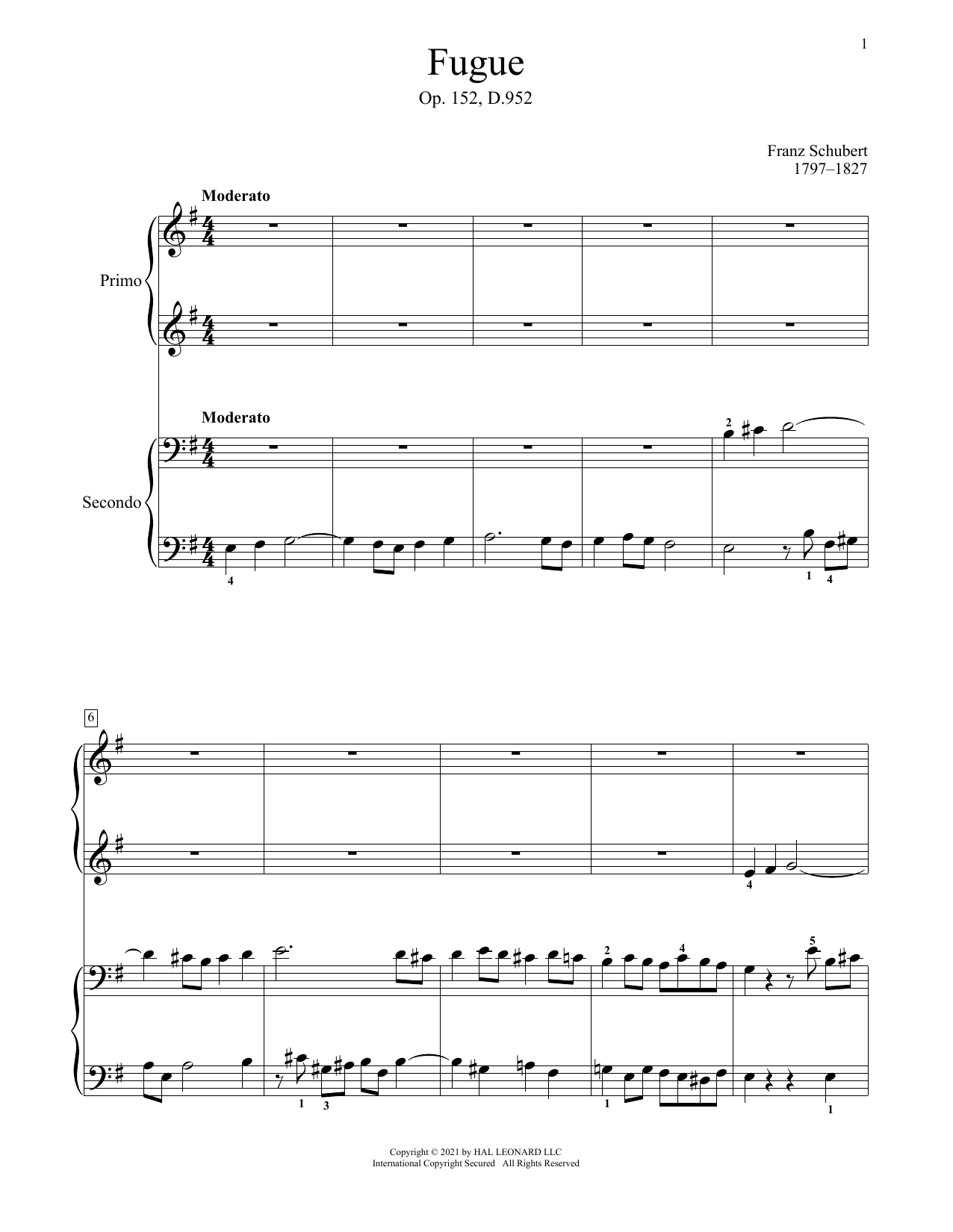 Franz Schubert Fugue, Op. 152, D. 952 Sheet Music Notes & Chords for Piano Duet - Download or Print PDF