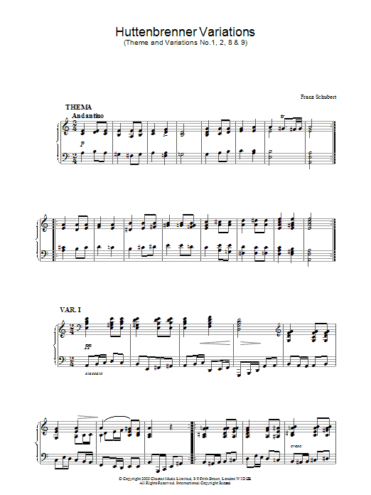 Franz Schubert Huttenbrenner Variations Sheet Music Notes & Chords for Piano - Download or Print PDF