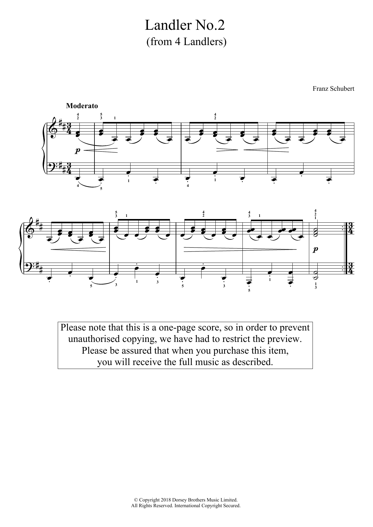 Franz Schubert Landler No. 2 (from 'Four Landlers') Sheet Music Notes & Chords for Piano - Download or Print PDF