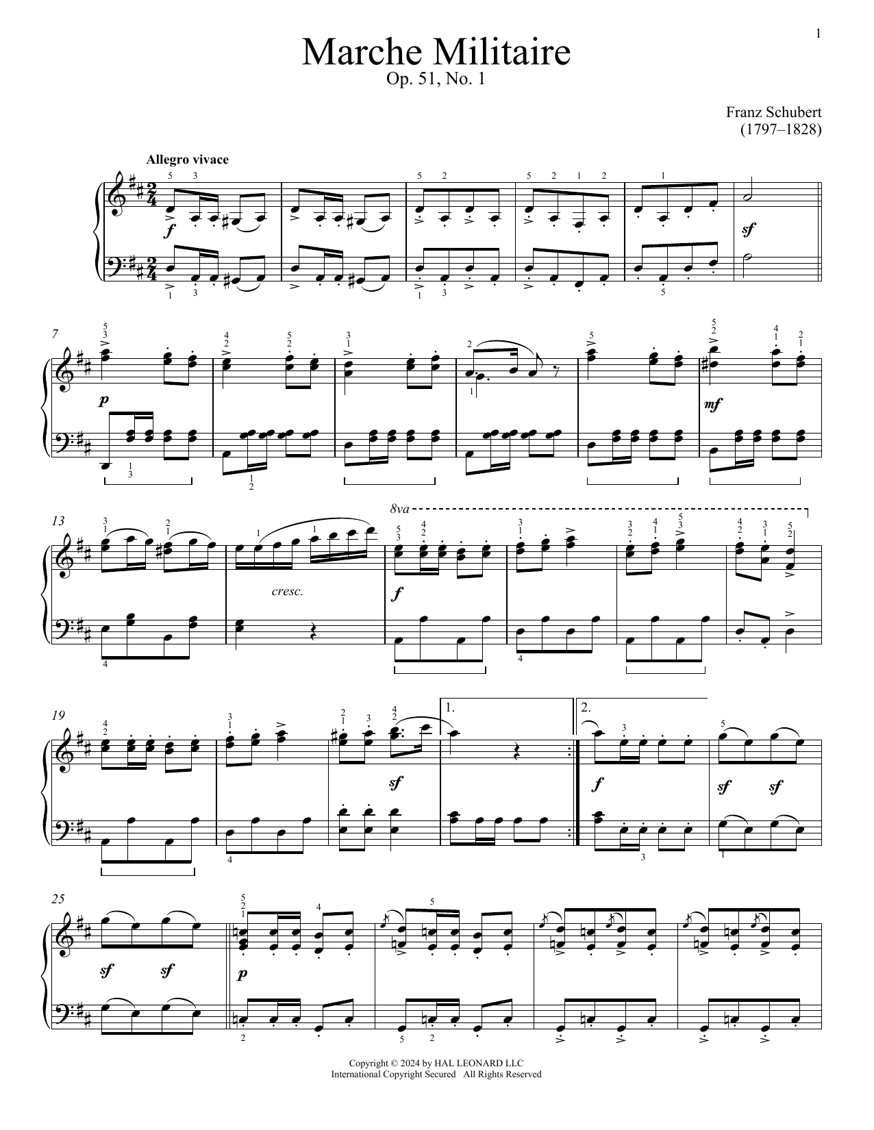 Franz Schubert Marche Militaire, Op. 51, No. 1 Sheet Music Notes & Chords for Piano Solo - Download or Print PDF