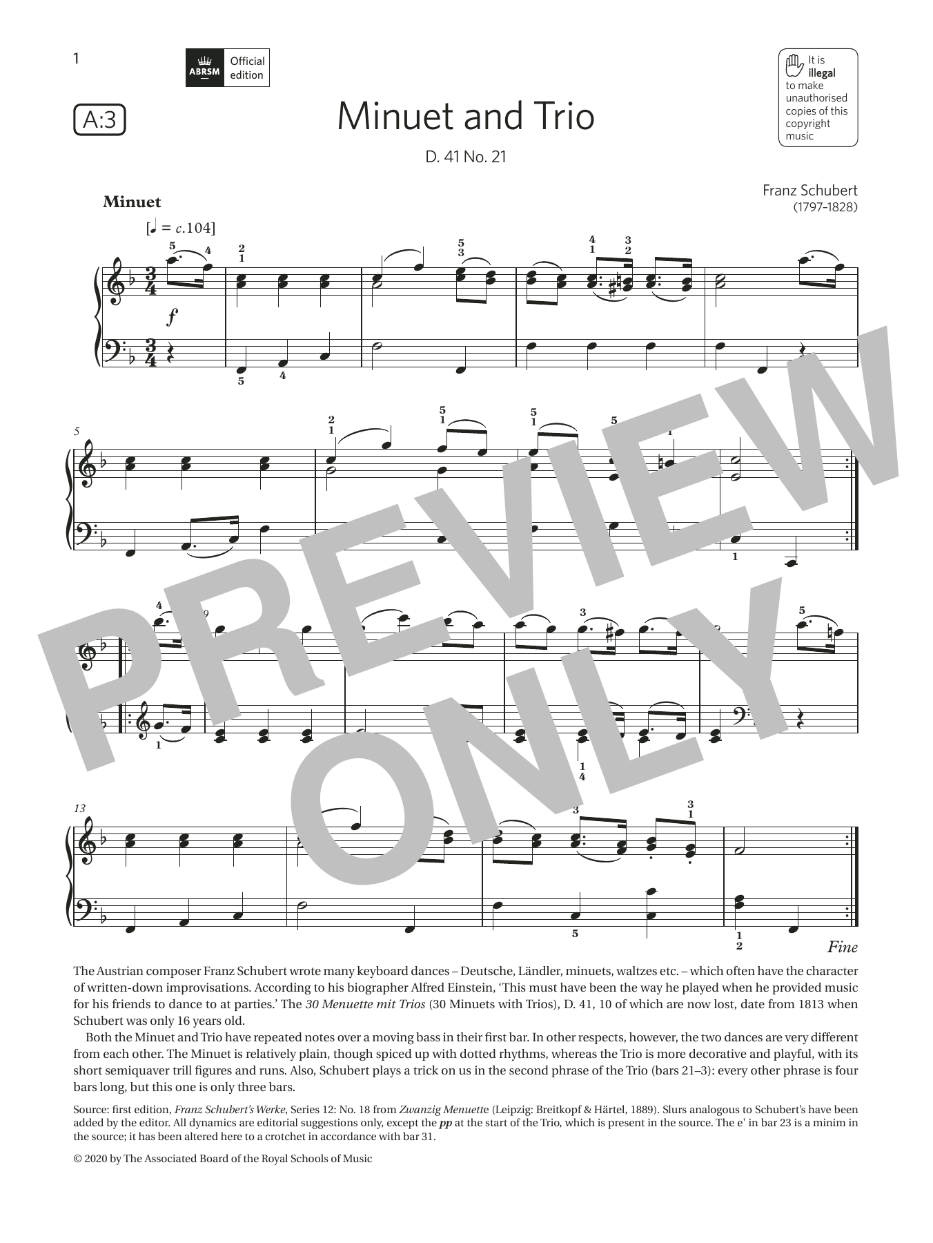 Franz Schubert Minuet and Trio (Grade 4, list A3, from the ABRSM Piano Syllabus 2021 & 2022) Sheet Music Notes & Chords for Piano Solo - Download or Print PDF