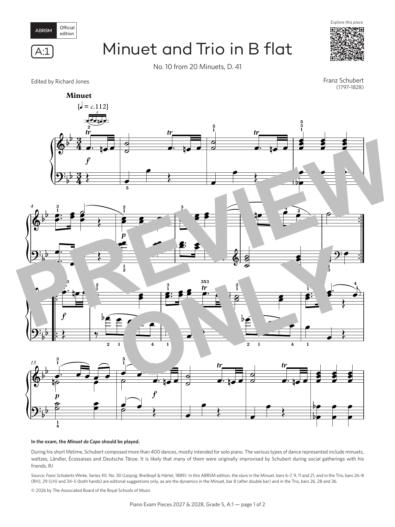 Franz Schubert Minuet and Trio in B Flat (Grade 5, list A1, from the ABRSM Piano Syllabus 2027 & 2028) Sheet Music Notes & Chords for Piano Solo - Download or Print PDF