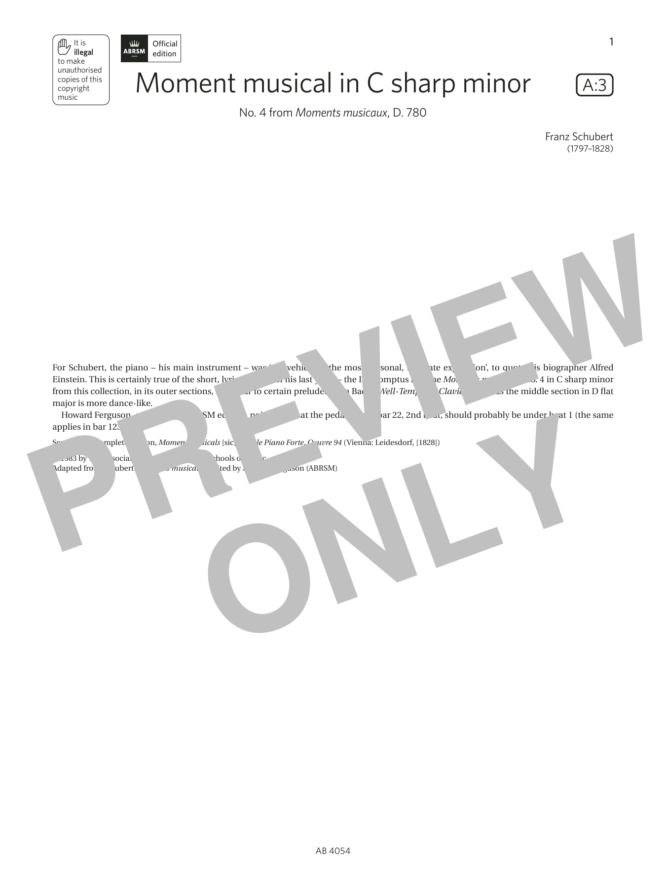 Franz Schubert Moment musical in C sharp minor (Grade 8, list A3, from the ABRSM Piano Syllabus 2023 & 2024) Sheet Music Notes & Chords for Piano Solo - Download or Print PDF