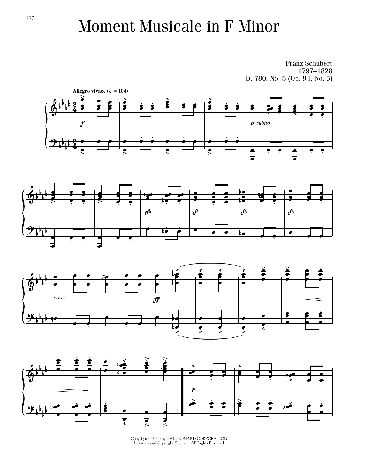 Franz Schubert Moment Musical In F Minor, Op. 94, No. 5 Sheet Music Notes & Chords for Piano Solo - Download or Print PDF