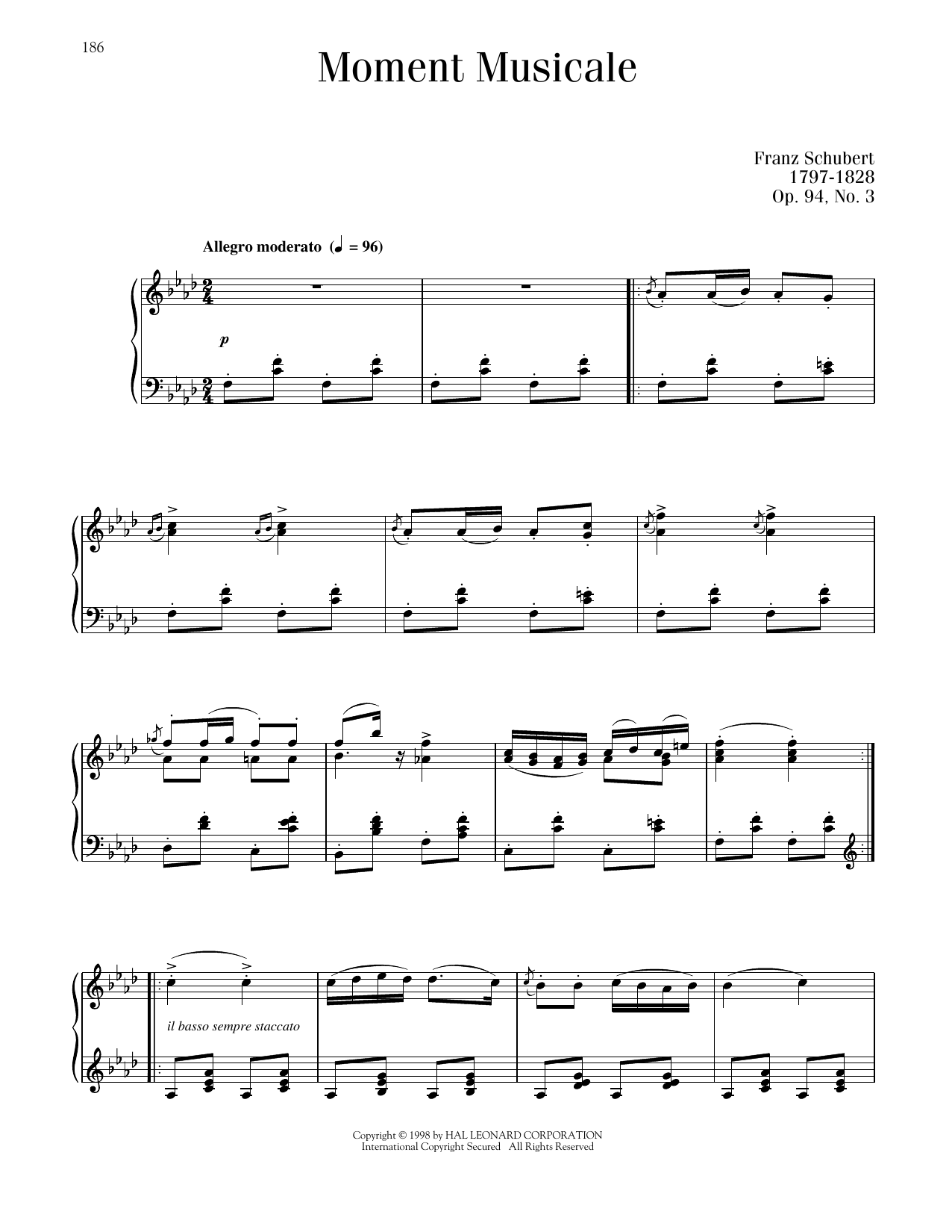 Franz Schubert Moment Musicale, Op. 94, No. 3 Sheet Music Notes & Chords for Piano Solo - Download or Print PDF