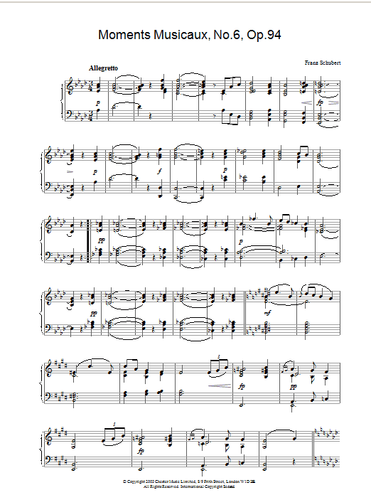 Franz Schubert Moments Musicaux, No.6, Op.94 Sheet Music Notes & Chords for Piano - Download or Print PDF