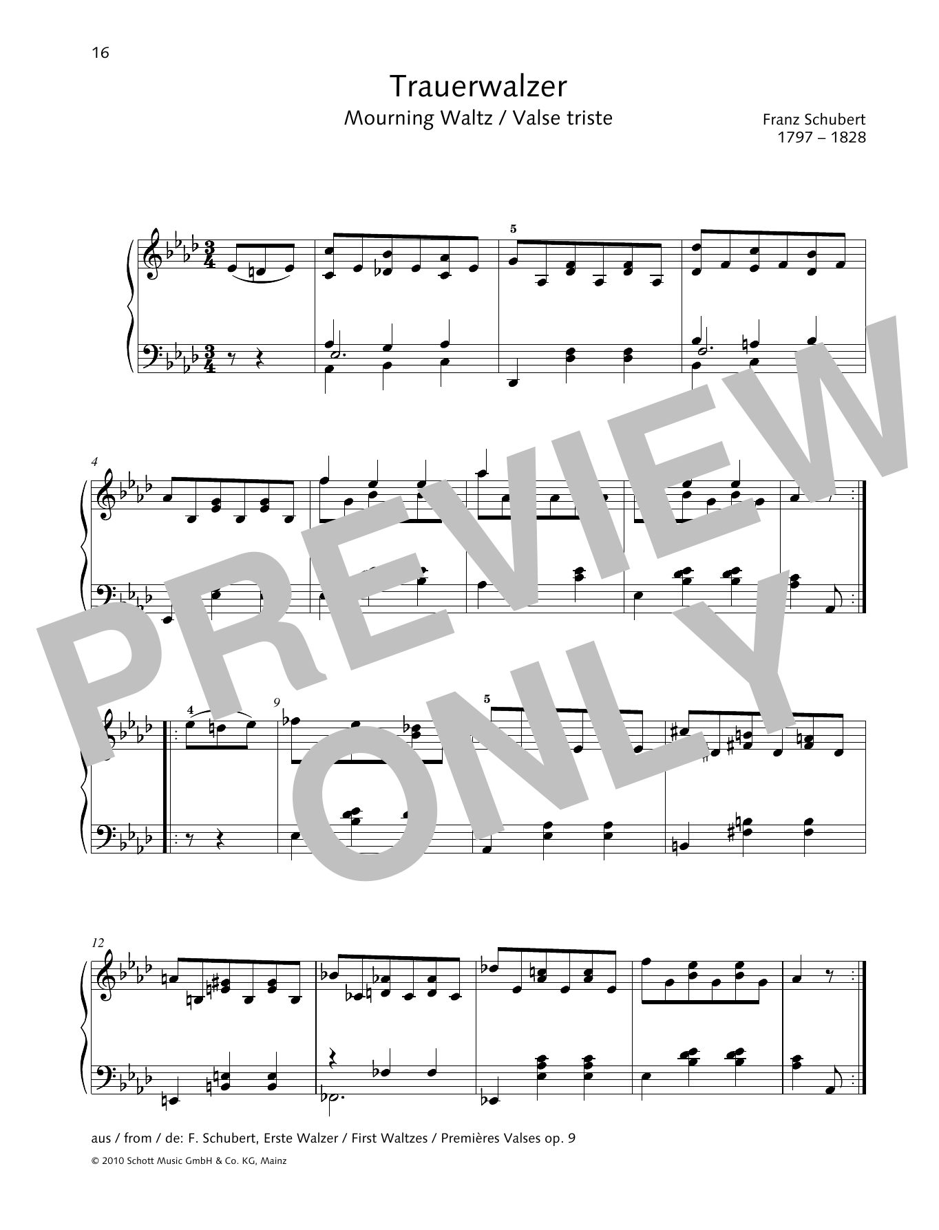 Franz Schubert Mourning Waltz Sheet Music Notes & Chords for Piano Solo - Download or Print PDF
