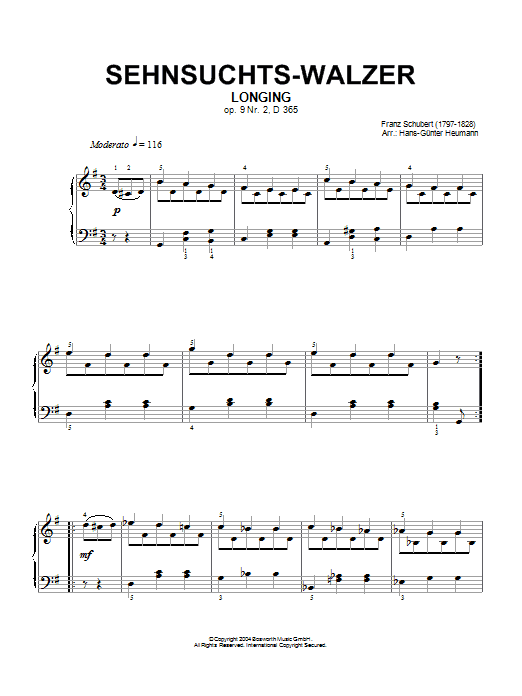 Franz Schubert Sehnsuchts-Walzer (Longing), Op.9, No.2, D365 Sheet Music Notes & Chords for Piano - Download or Print PDF