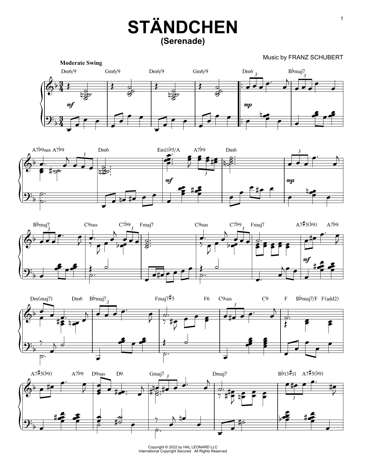 Franz Schubert Standchen [Jazz version] (arr. Brent Edstrom) Sheet Music Notes & Chords for Piano Solo - Download or Print PDF