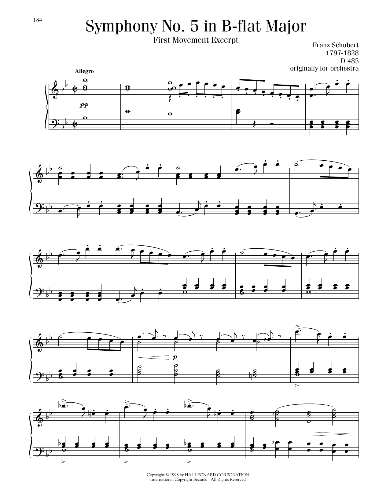 Franz Schubert Symphony No. 5 in B-flat Major, First Movement Excerpt Sheet Music Notes & Chords for Piano Solo - Download or Print PDF