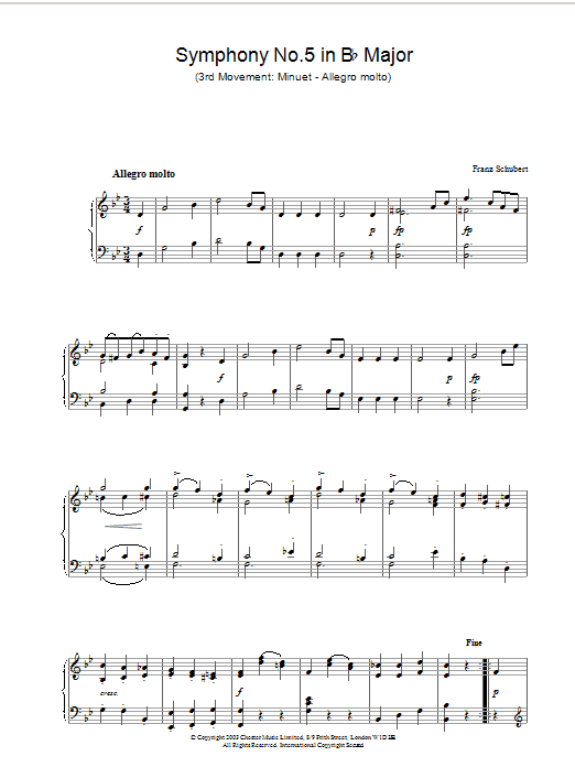 Franz Schubert Symphony No.5 in Bb Major - 3rd Movement: Minuet - Allegro molto Sheet Music Notes & Chords for Piano - Download or Print PDF