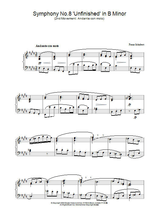 Franz Schubert Symphony No.8 'Unfinished' in B Minor - 2nd Movement: Andante con moto Sheet Music Notes & Chords for Piano - Download or Print PDF