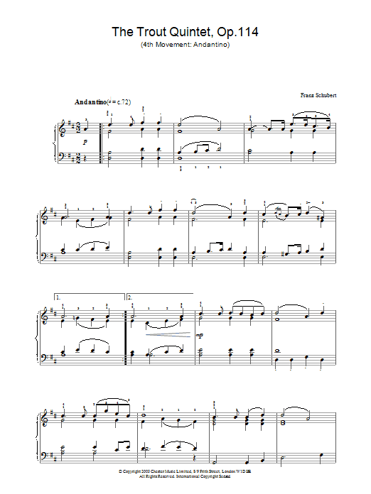 Franz Schubert The Trout Quintet - 4th Movement: Andantino Sheet Music Notes & Chords for Piano - Download or Print PDF