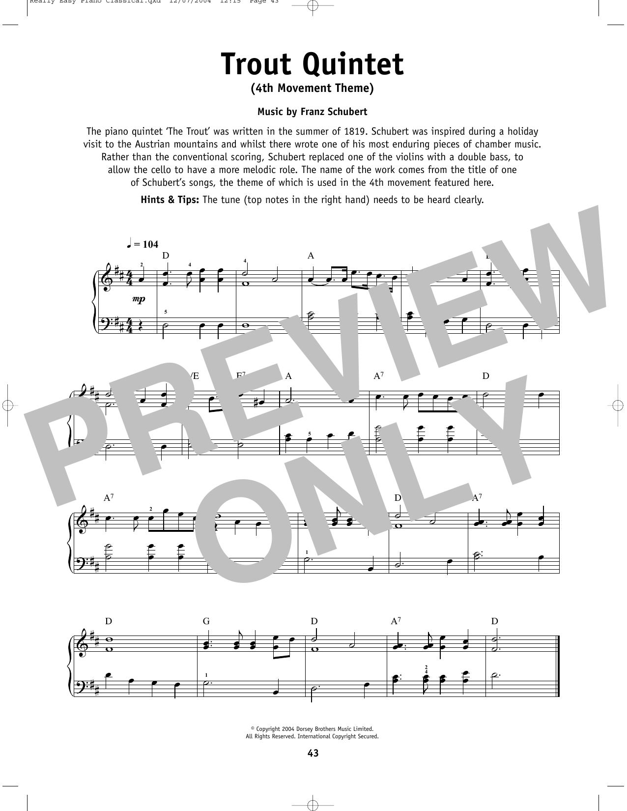 Franz Schubert The Trout Sheet Music Notes & Chords for Really Easy Piano - Download or Print PDF