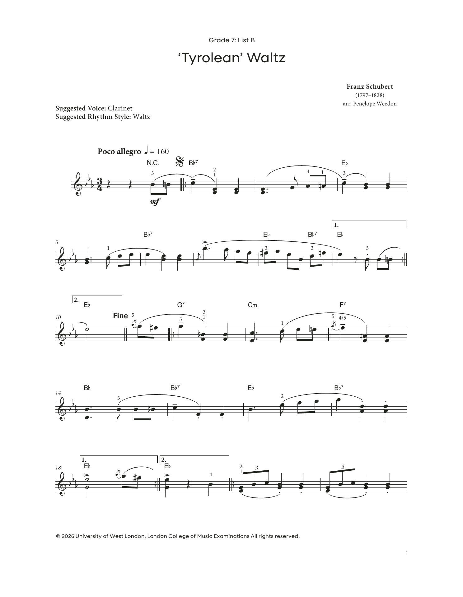 Franz Schubert Tyrolean Waltz (from LCME Electronic Keyboard Grade 7 List B) Sheet Music Notes & Chords for Piano Solo - Download or Print PDF