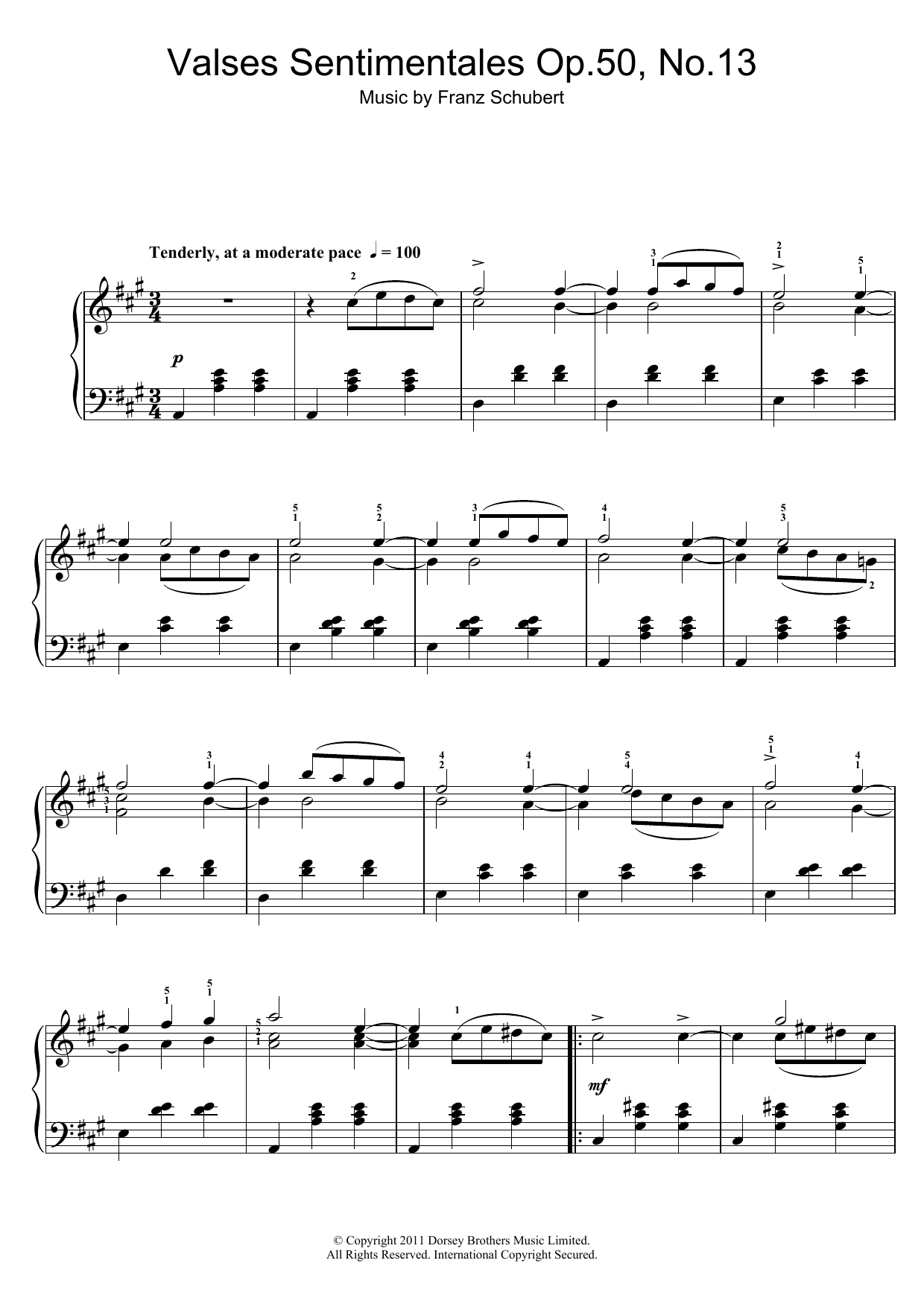 Franz Schubert Valses Sentimentales, Op.50 No.13 Sheet Music Notes & Chords for Piano - Download or Print PDF
