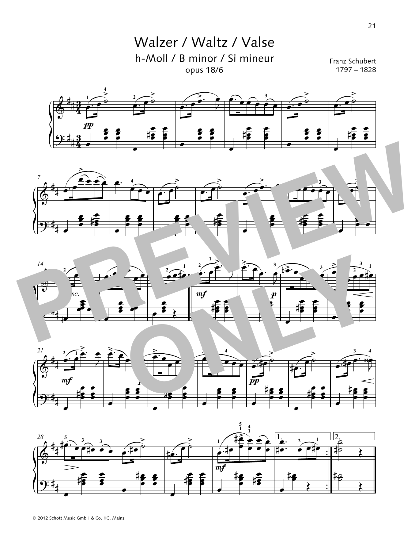 Franz Schubert Waltz B Minor Sheet Music Notes & Chords for Piano Solo - Download or Print PDF