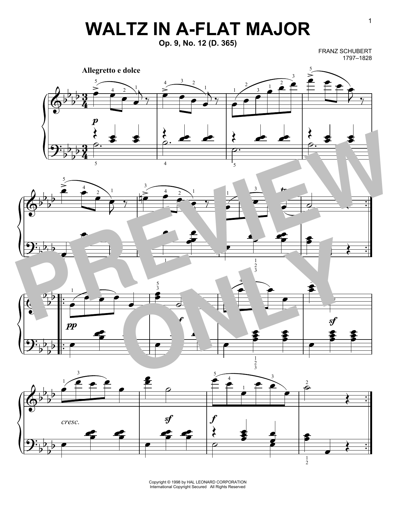 Franz Schubert Waltz In A-Flat Major, Op. 9, No. 12 Sheet Music Notes & Chords for Easy Piano - Download or Print PDF