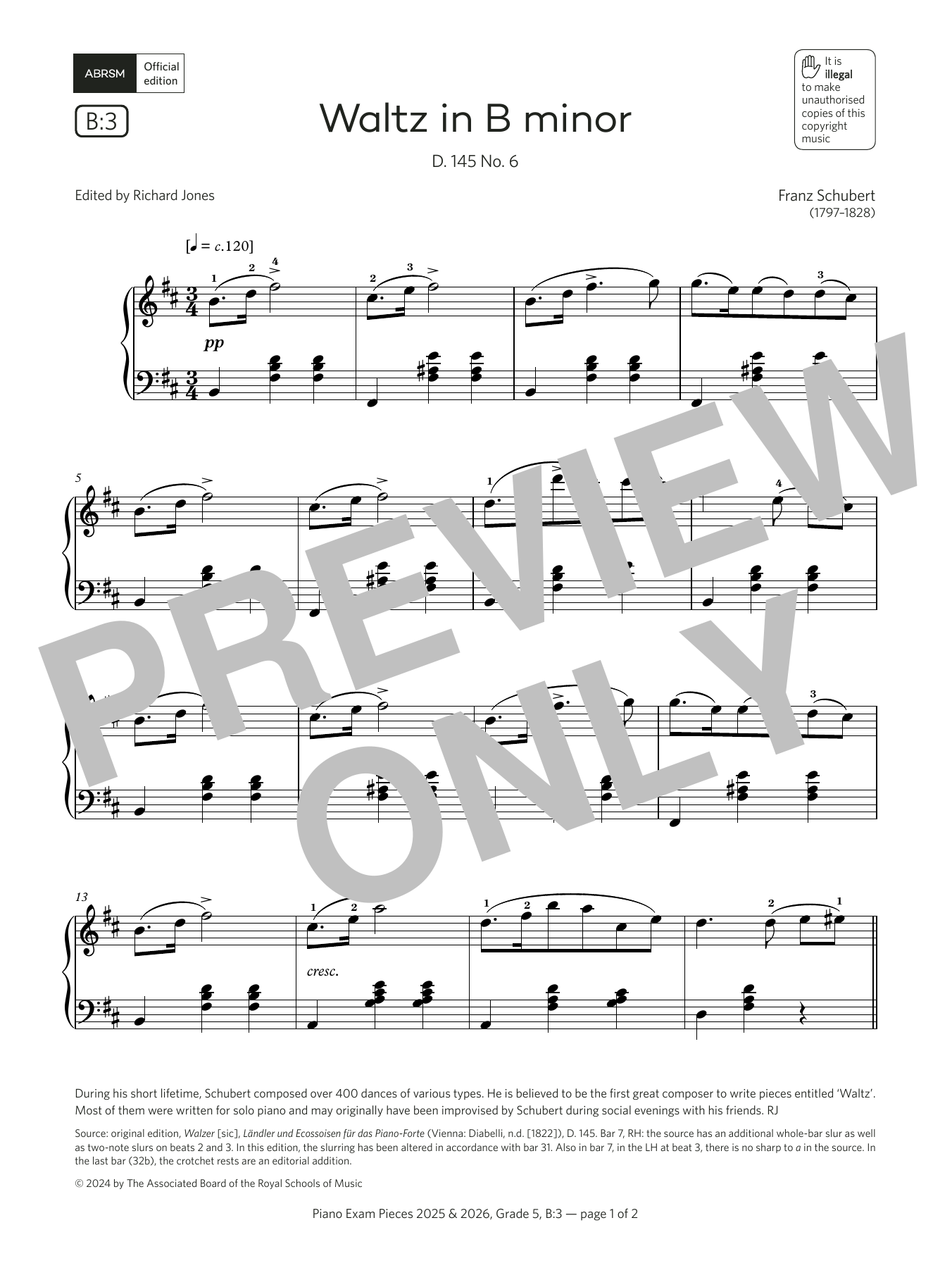 Franz Schubert Waltz in B minor (Grade 5, list B3, from the ABRSM Piano Syllabus 2025 & 2026) Sheet Music Notes & Chords for Piano Solo - Download or Print PDF