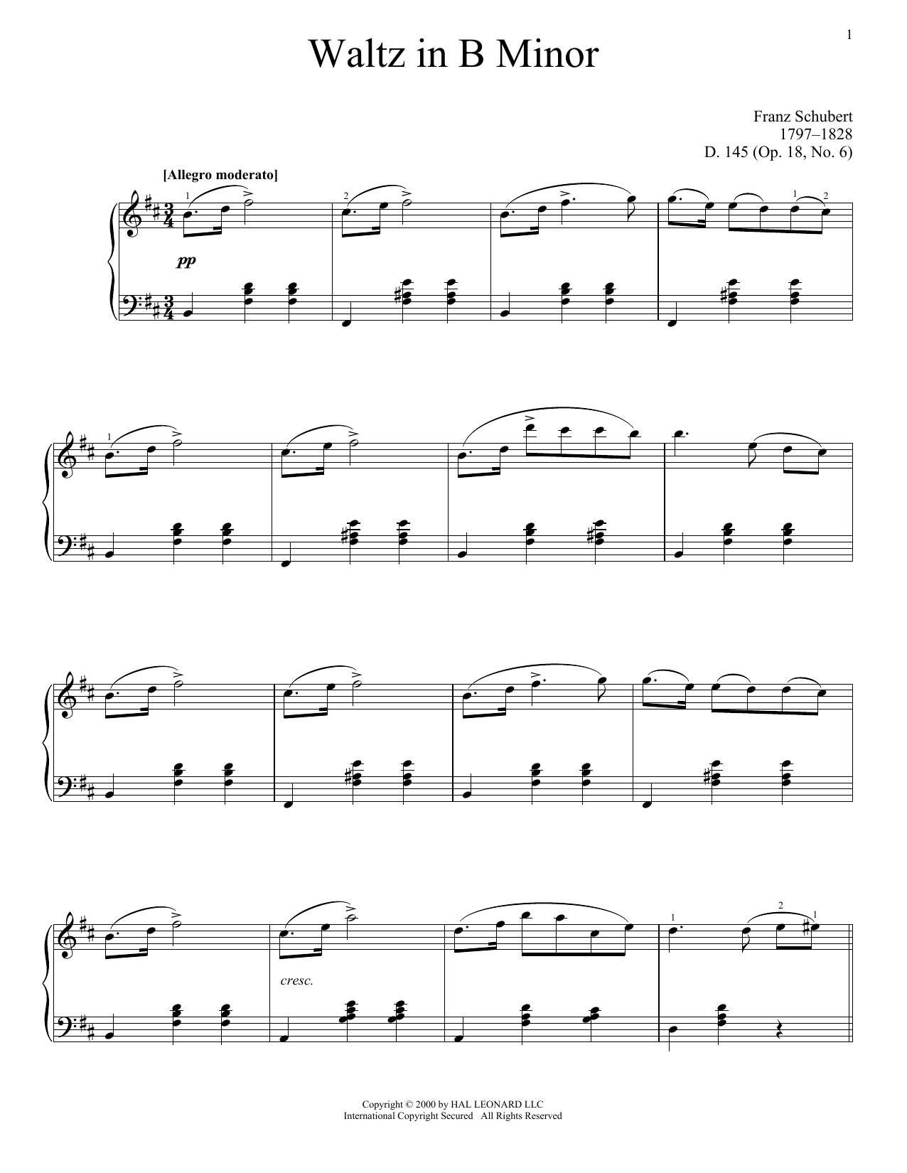 Franz Schubert Waltz In B Minor, Op. 18, No. 6 Sheet Music Notes & Chords for Piano Solo - Download or Print PDF