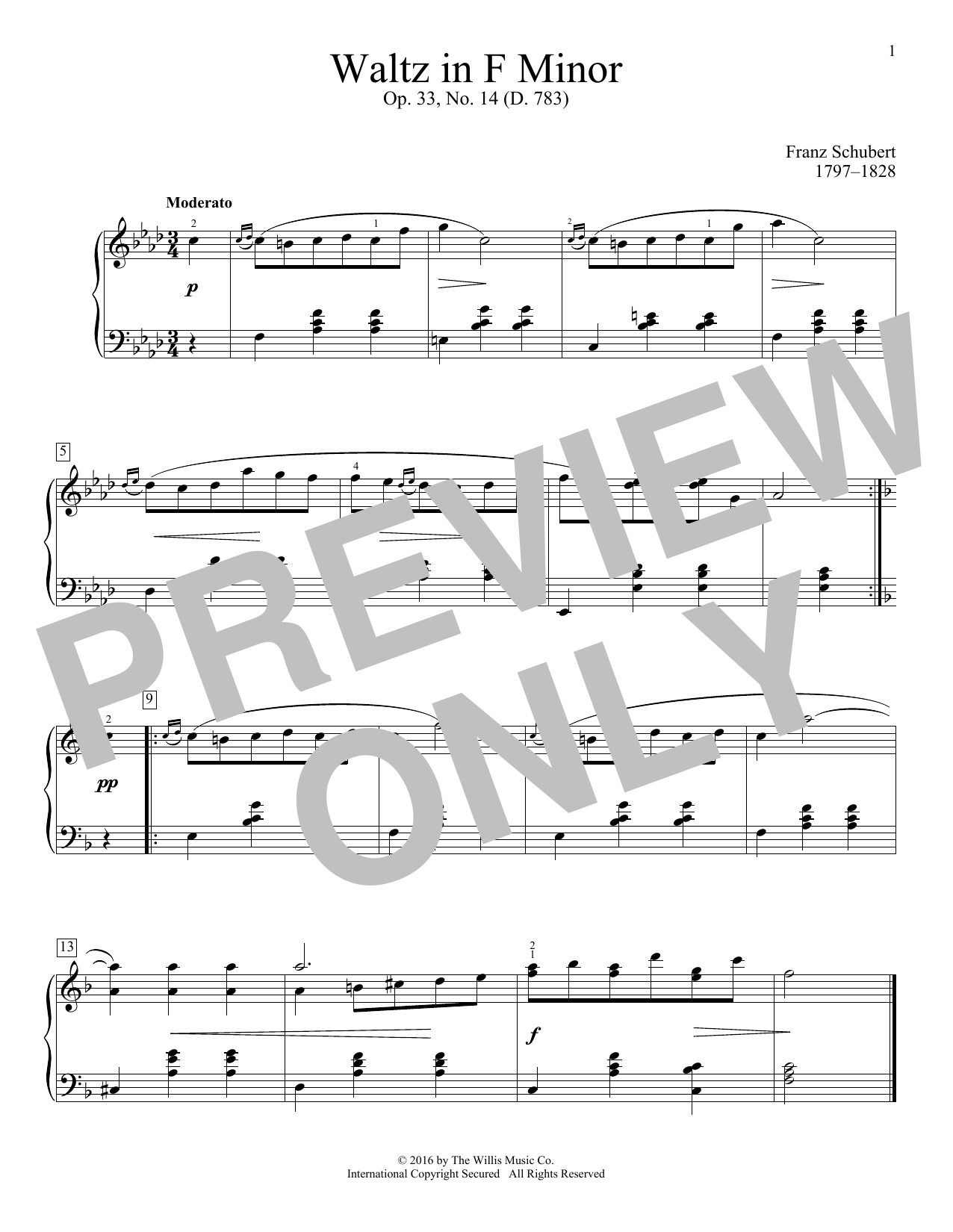 Franz Schubert Waltz In F Minor, Op. 33, No. 14 (D. 783) Sheet Music Notes & Chords for Educational Piano - Download or Print PDF