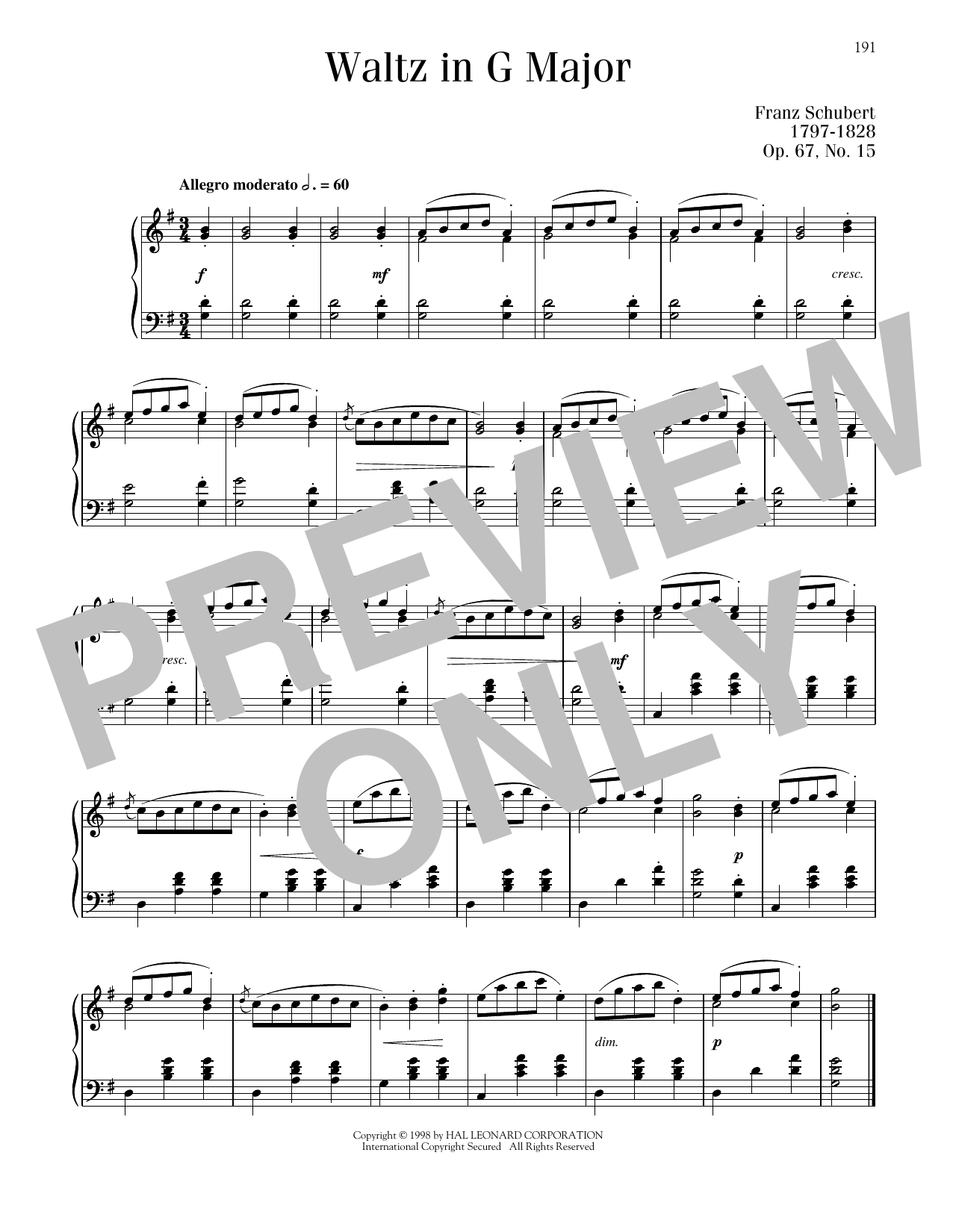 Franz Schubert Waltz In G Major, Op. 67, No. 15 Sheet Music Notes & Chords for Piano Solo - Download or Print PDF
