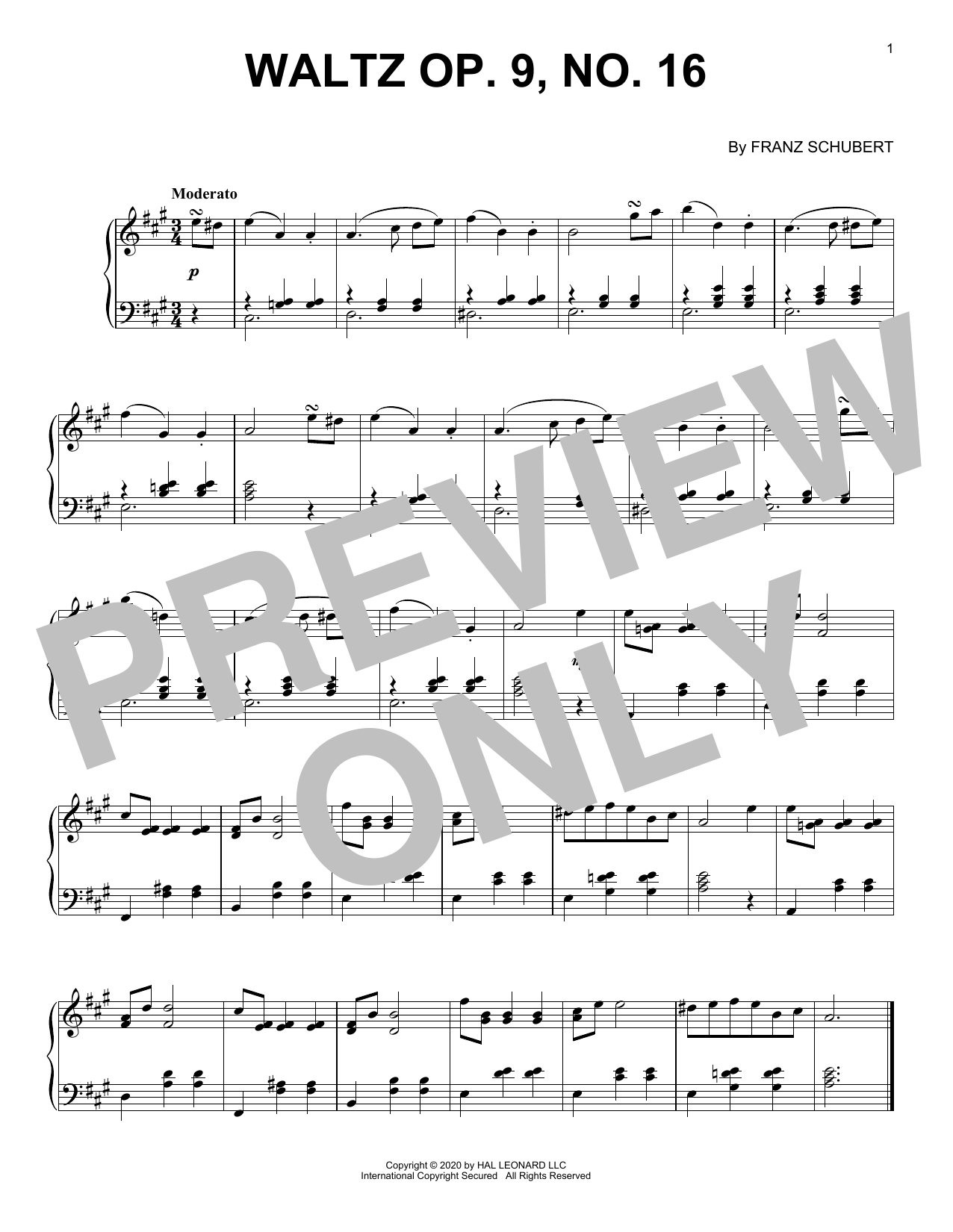 Franz Schubert Waltz, Op. 9, No. 16 Sheet Music Notes & Chords for Piano Solo - Download or Print PDF