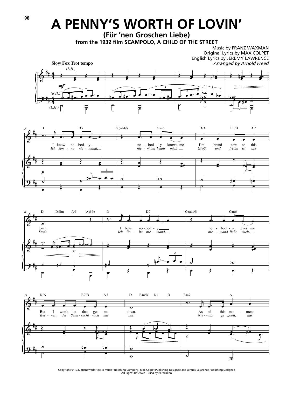 Franz Waxman A Penny's Worth Of Lovin' (Für 'nen Groschen Liebe) Sheet Music Notes & Chords for Piano, Vocal & Guitar (Right-Hand Melody) - Download or Print PDF