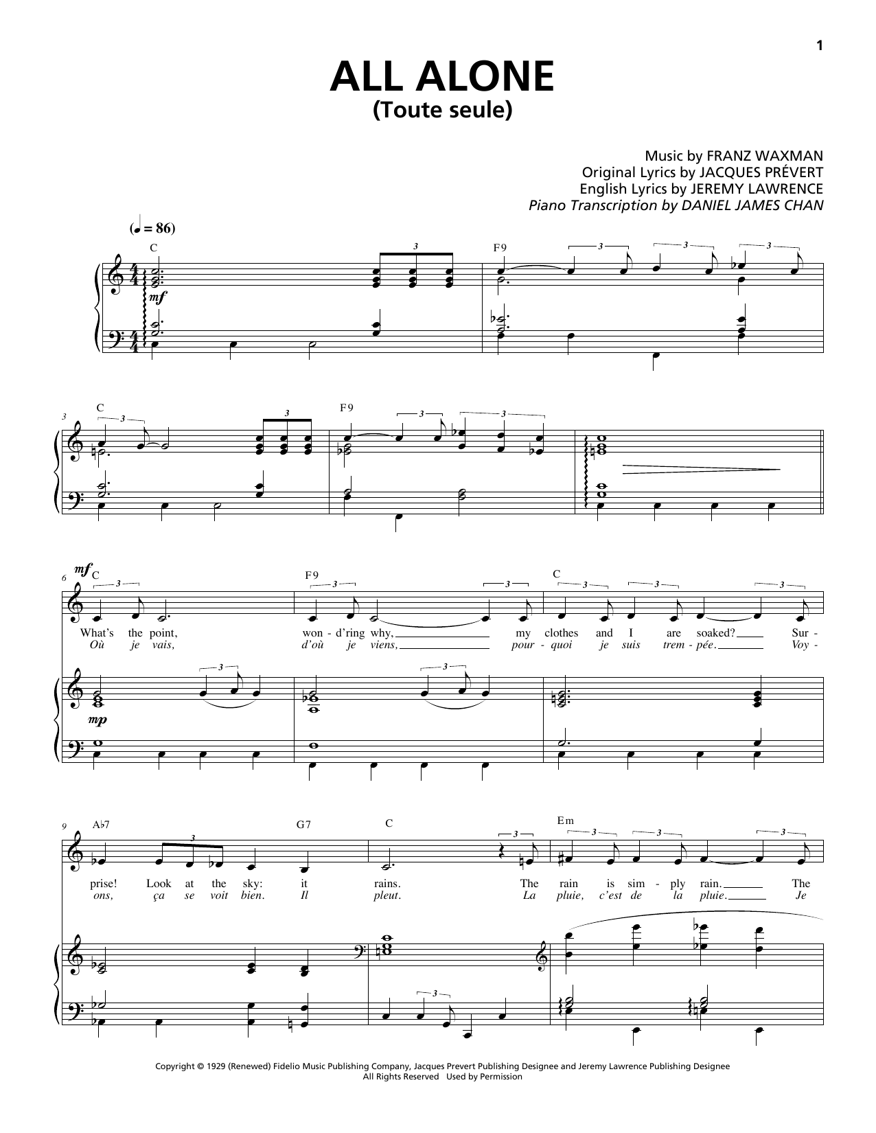 Franz Waxman All Alone (Toute Seule) Sheet Music Notes & Chords for Piano & Vocal - Download or Print PDF