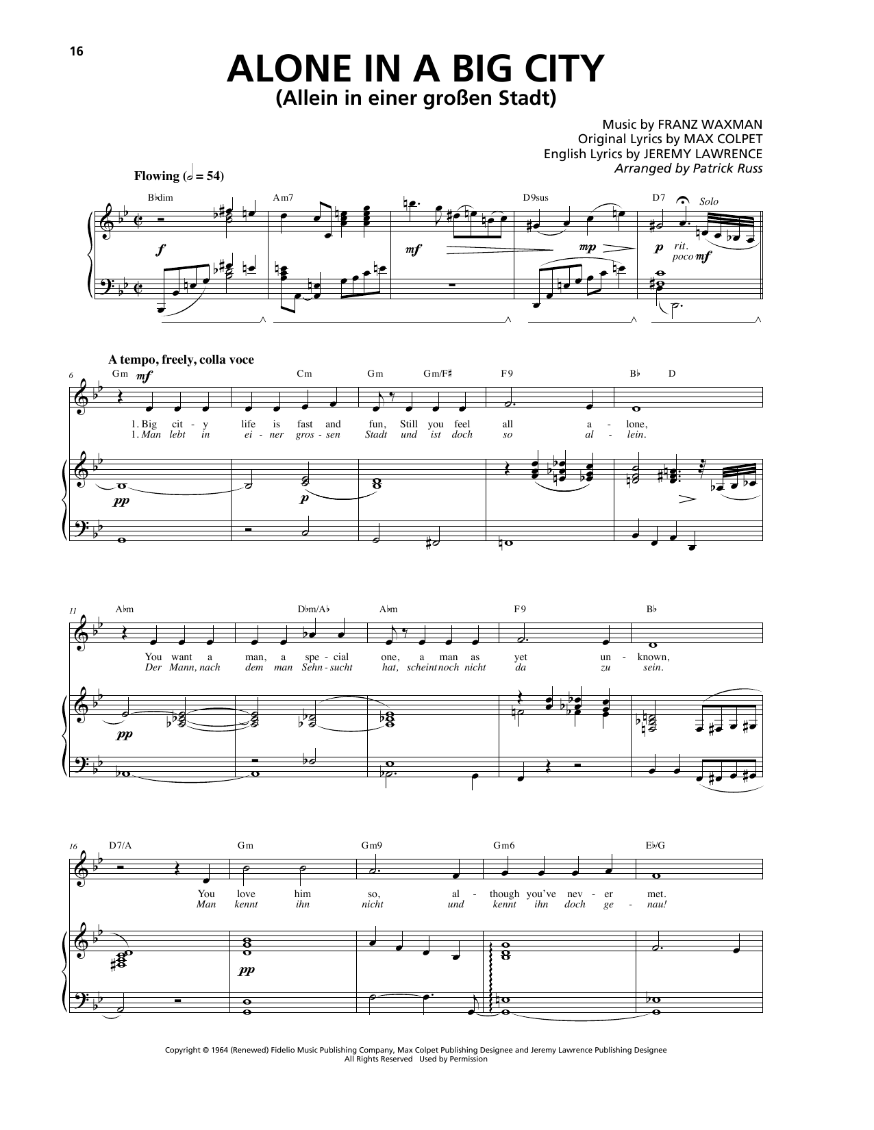 Franz Waxman Alone In A Big City Sheet Music Notes & Chords for Piano, Vocal & Guitar (Right-Hand Melody) - Download or Print PDF