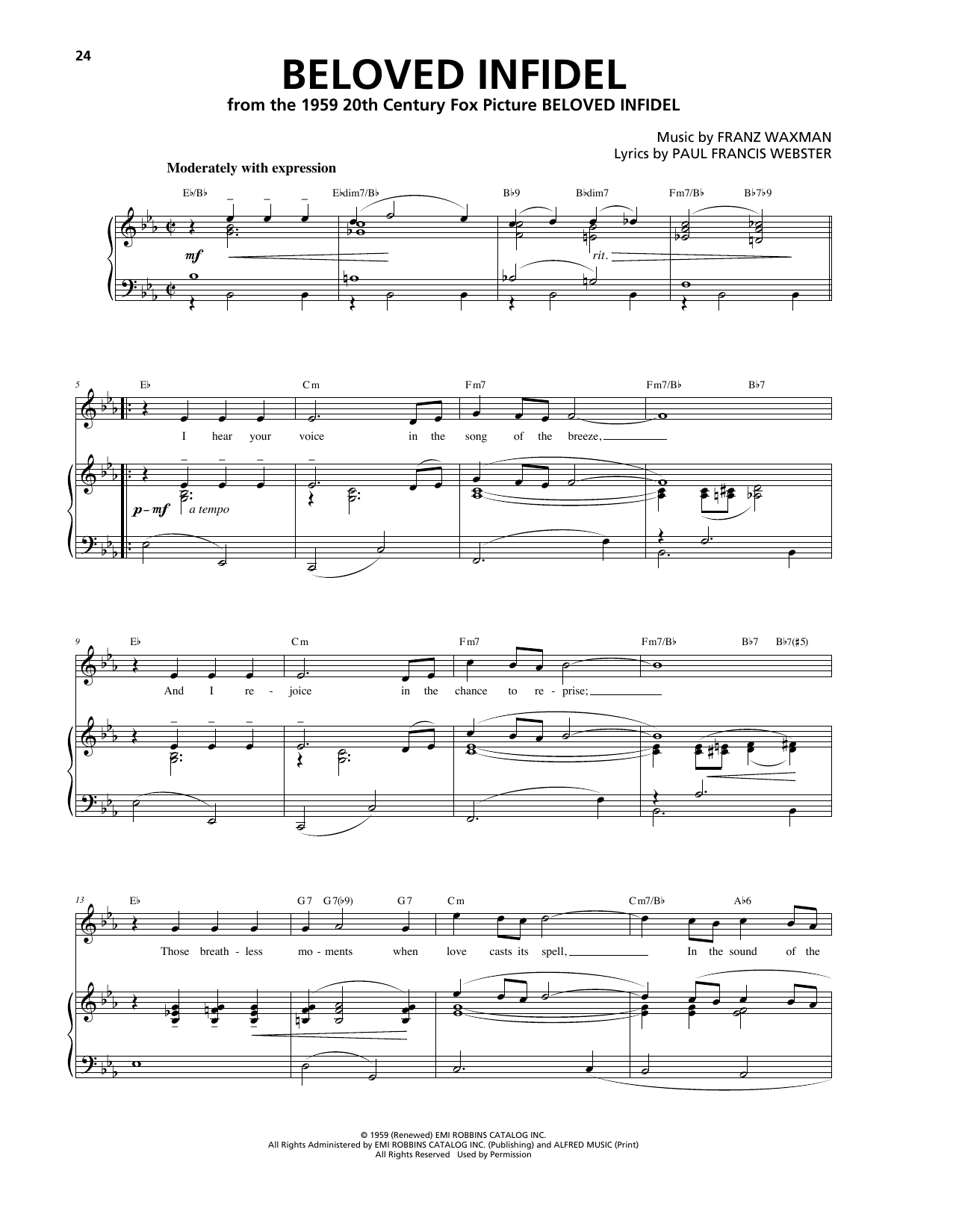 Franz Waxman Beloved Infidel Sheet Music Notes & Chords for Piano, Vocal & Guitar (Right-Hand Melody) - Download or Print PDF