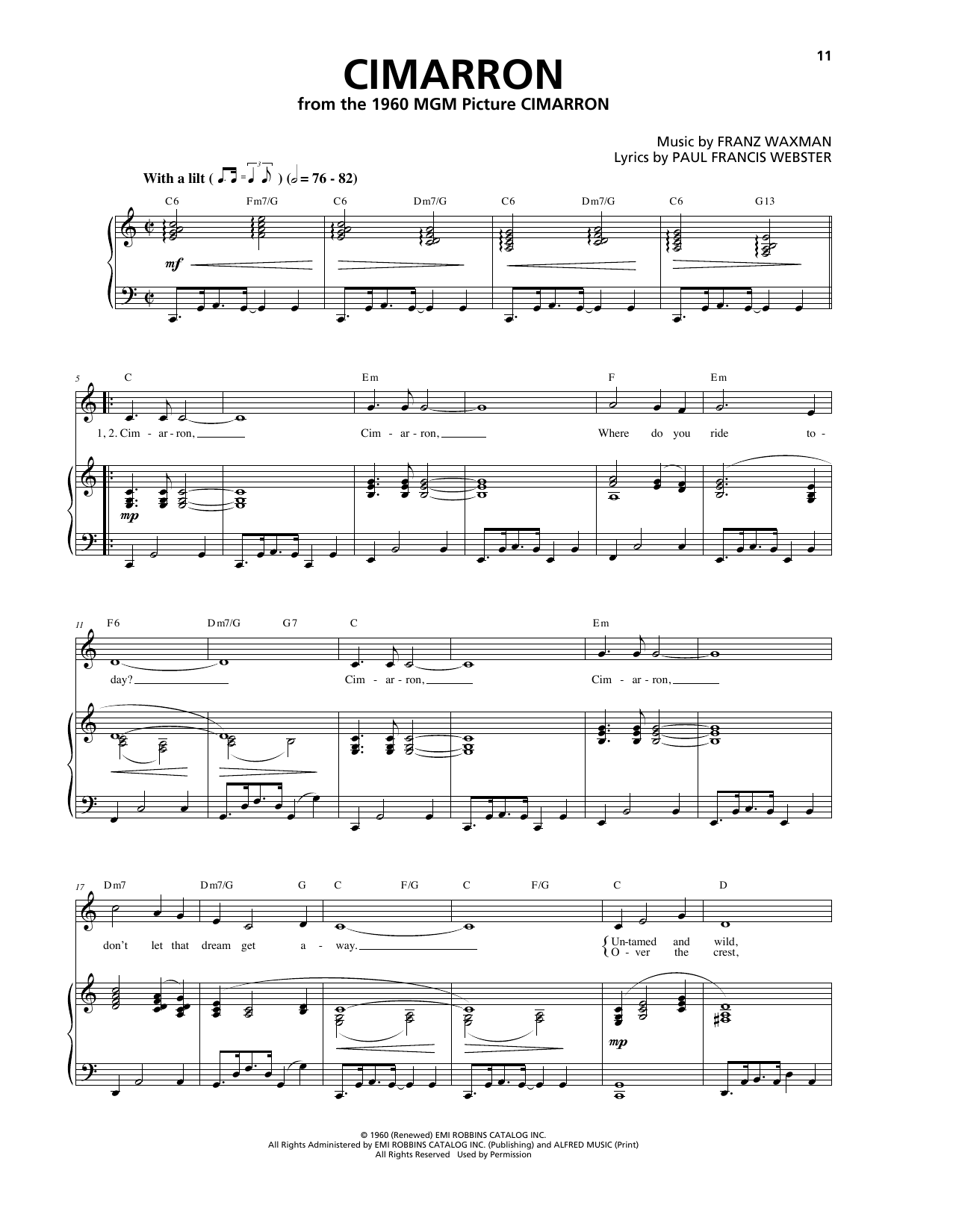 Franz Waxman Cimarron Sheet Music Notes & Chords for Piano, Vocal & Guitar (Right-Hand Melody) - Download or Print PDF