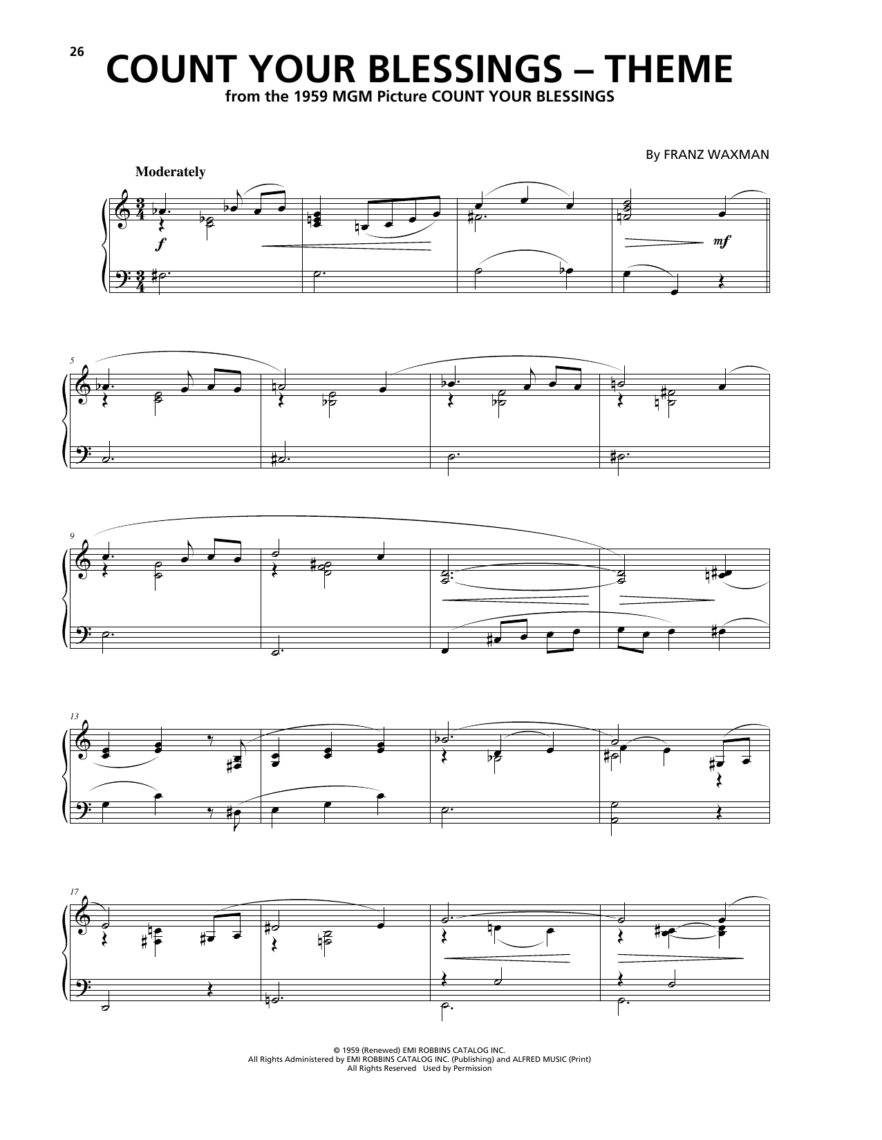 Franz Waxman Count Your Blessings (Theme) Sheet Music Notes & Chords for Piano - Download or Print PDF