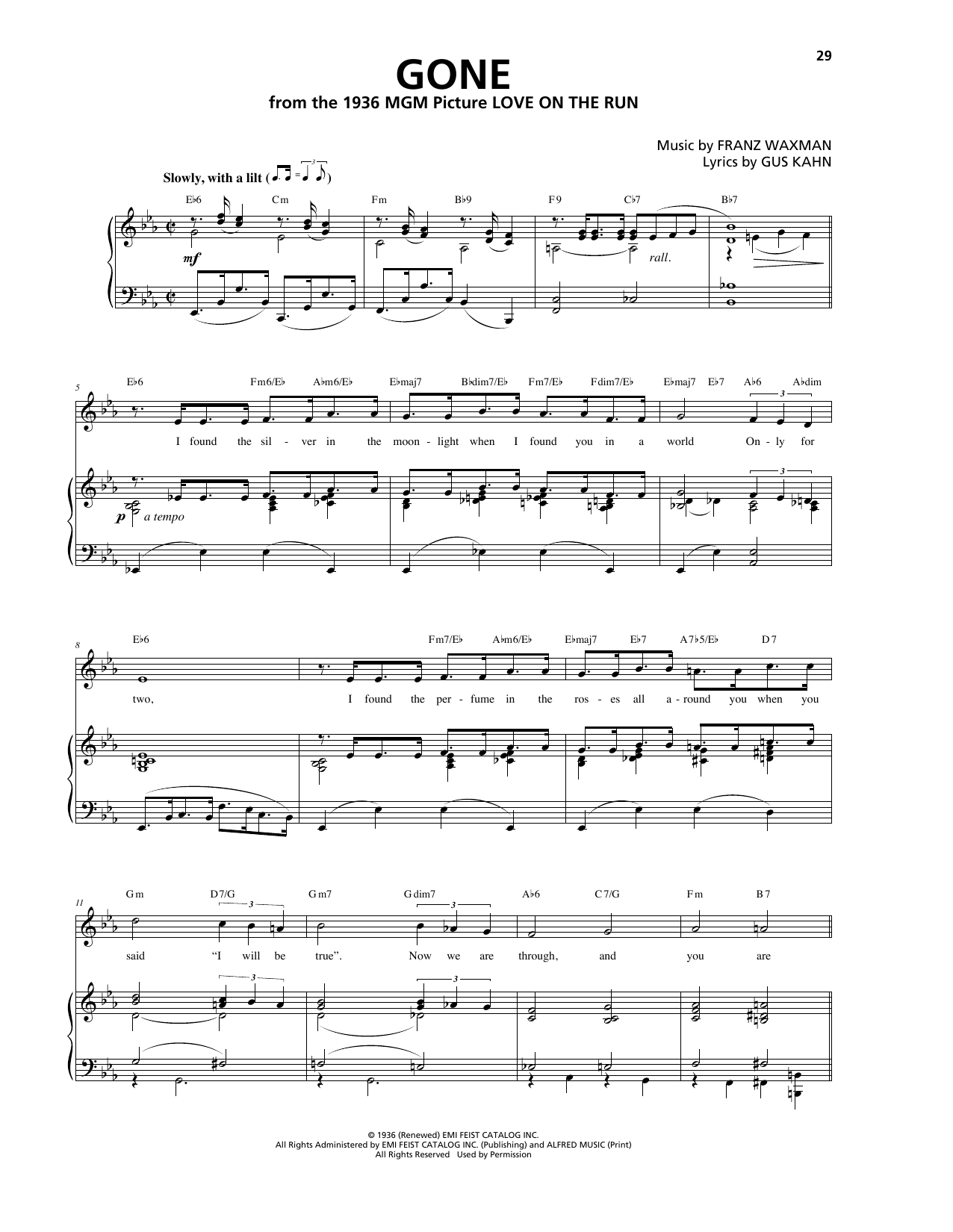 Franz Waxman Gone Sheet Music Notes & Chords for Piano, Vocal & Guitar (Right-Hand Melody) - Download or Print PDF