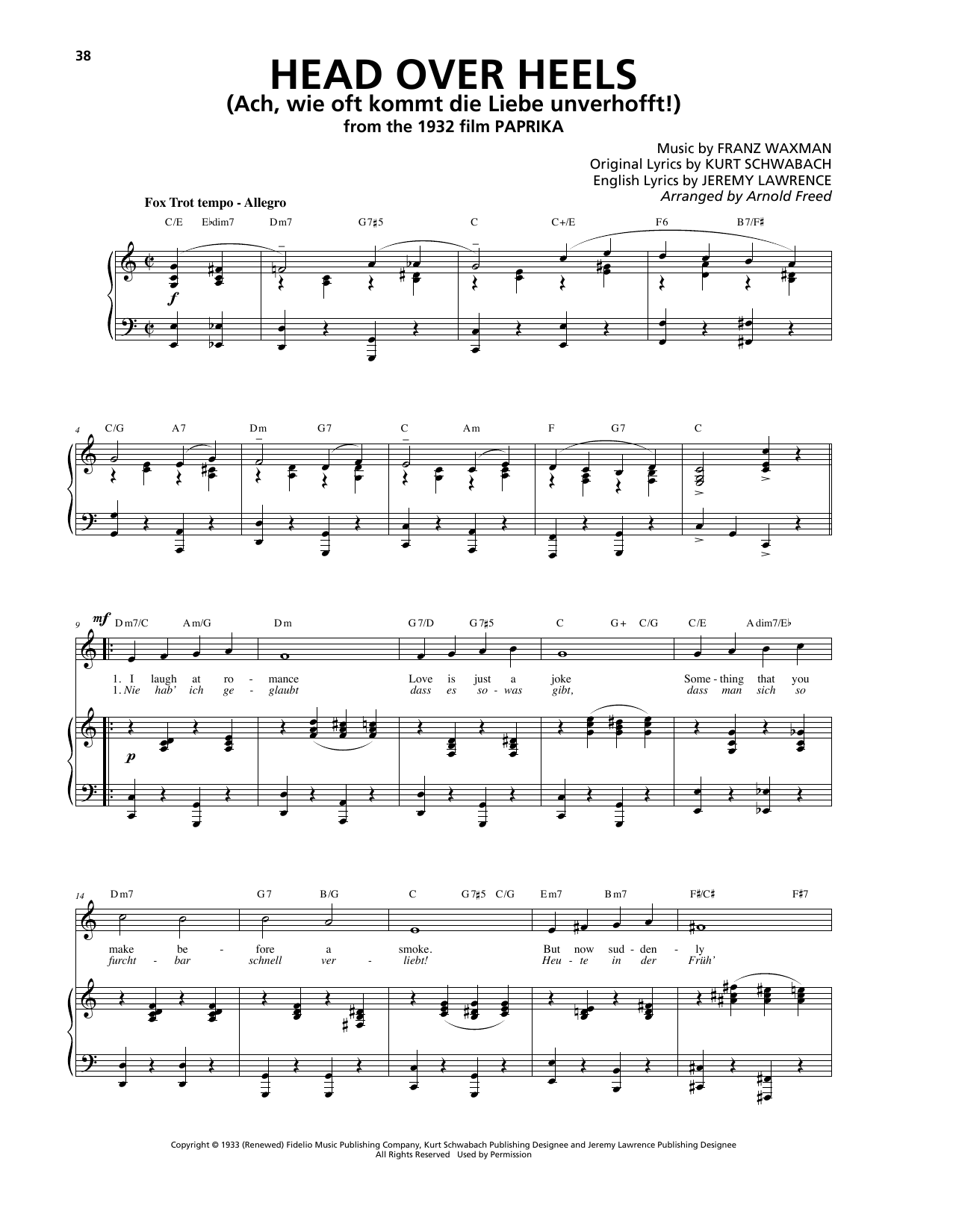 Franz Waxman Head Over Heels (Ach, wie oft kommt die Liebe unverhofft!) Sheet Music Notes & Chords for Piano, Vocal & Guitar (Right-Hand Melody) - Download or Print PDF